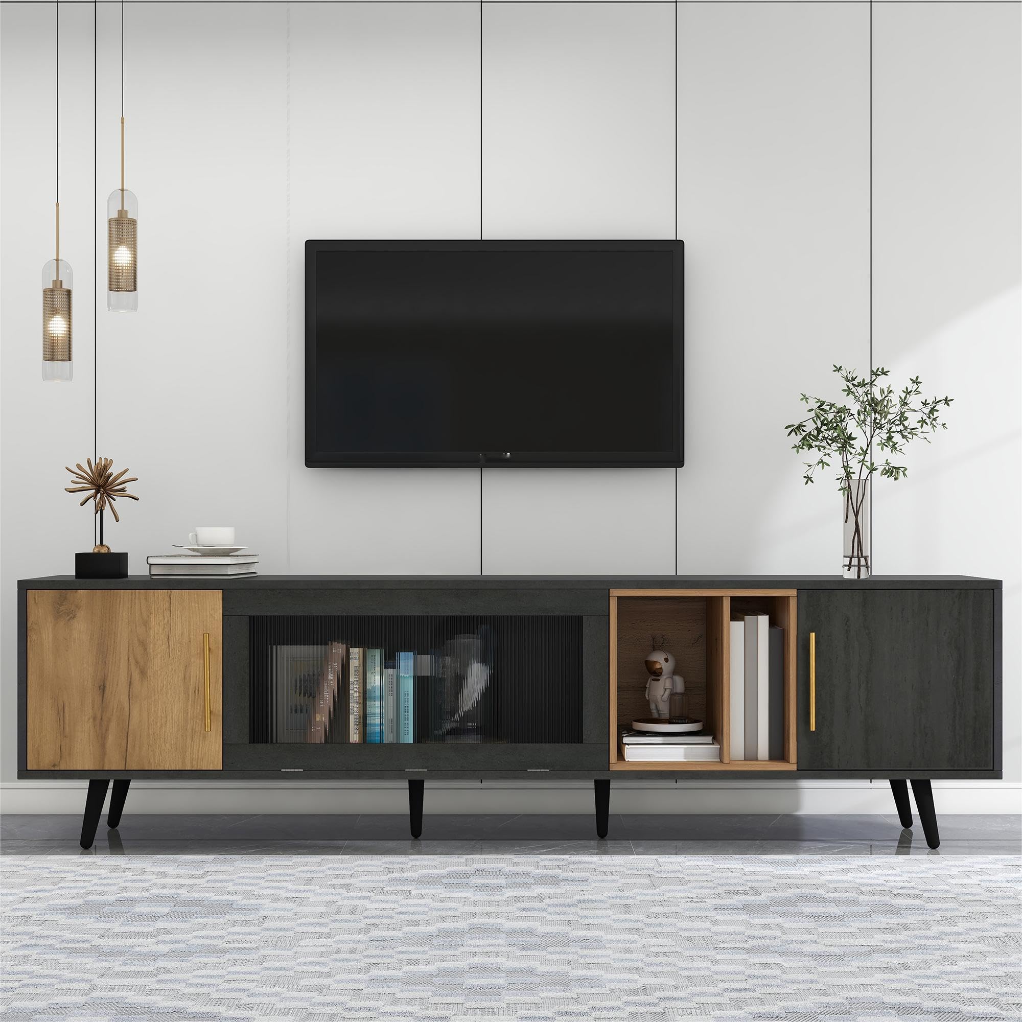 LAKFEW Mueble TV 200cm de hasta 90 Pulgadas, Mueble TV Salon con 3 Puertas, Muebles de Salon con Compartimento de Almacenamiento Abierto, Mueble Television, Muebles Salon, 200x40x55.5 cm, Gris+Marrón