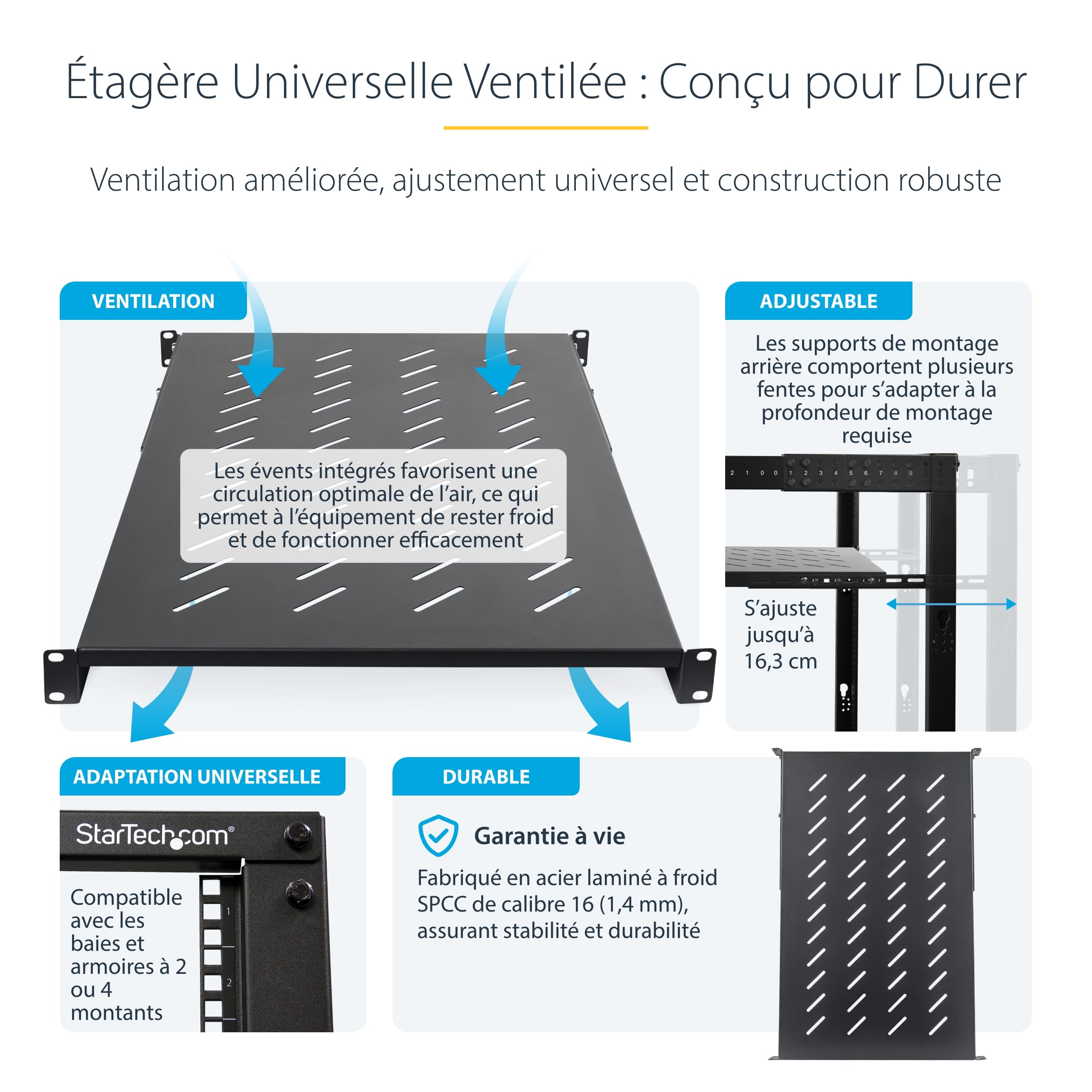 StarTech Étagère Ventilée 1U à 4 Montants pour Rack, 68kg (ADJSHELFV-Rack) | Profondeur réglable 71, 1-87, 3cm, Écrous et vis inclus, Serveur