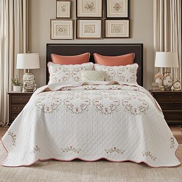 SahSahCasa 120"x102" 100% Cotton Oversized Queen Bedspread Coverlet Quilt Set, Embroidery Floral Quilted Bedspread Extra Large Wide Quilt, XL Bed Spread Lightweight Comforter, 3pc, White/Pink