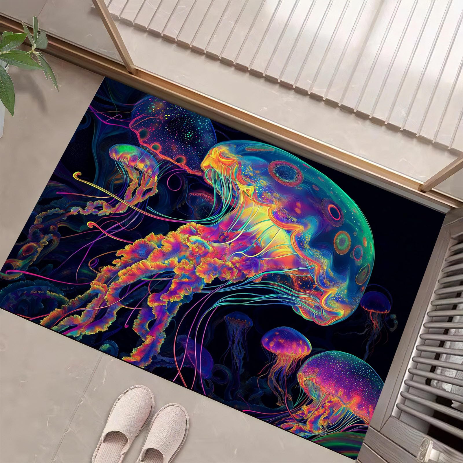 Felpudo de entrada 90x150 cm lavable y antideslizante con diseño de medusas de siete colores