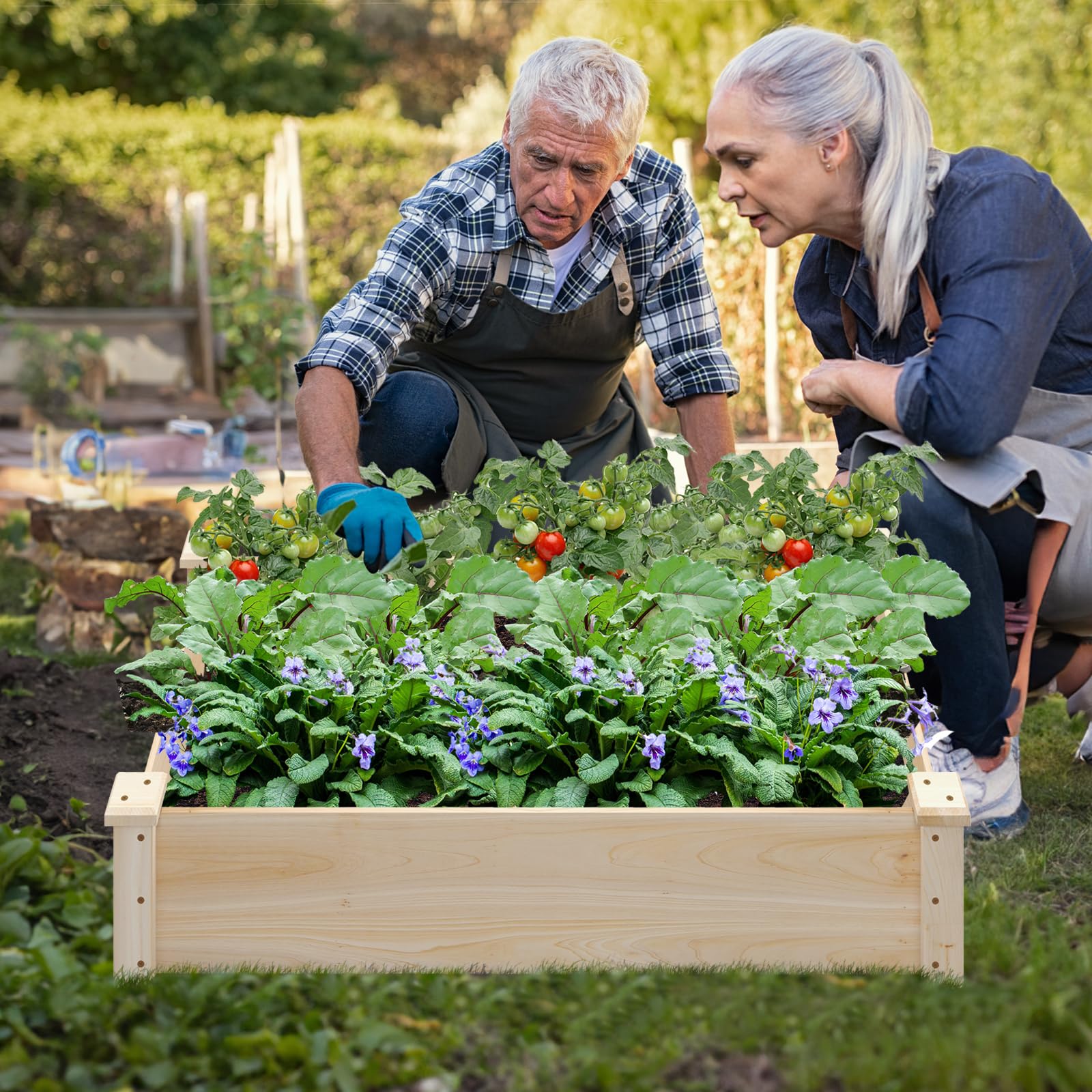 HOMASIS Jardinière en Bois de Sapin, Bac à Plantes avec Fond Ouvert, Carré Potager Extérieur, Séparateurs pour Fleurs, Légumes, Fruits, Herbes, Parterre de Jardin, Lit de Jardin pour Balcon Terrasse