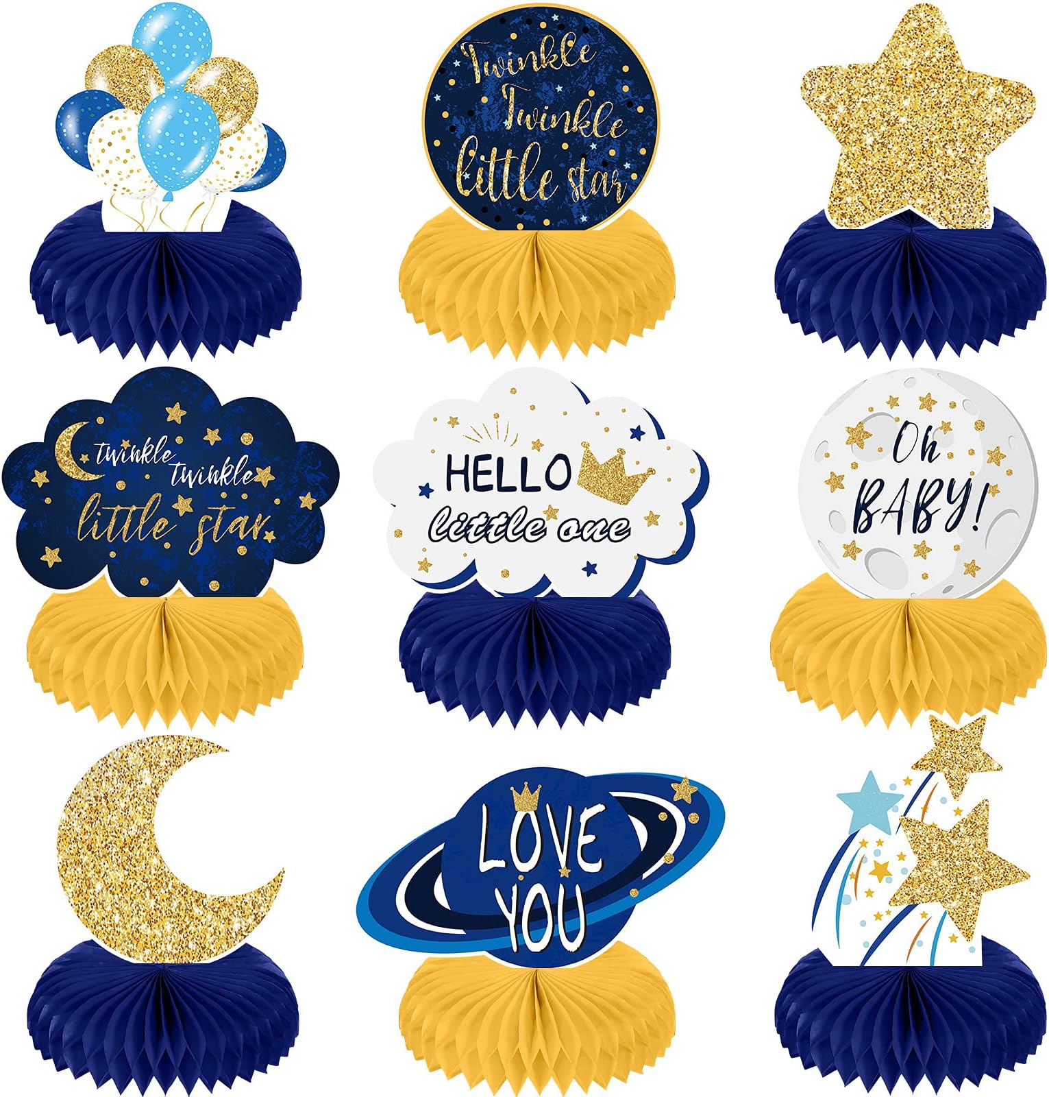 Outus 9 Pieces Twinkle Twinkle Little Star Baby Shower Decorations over the Moon Baby Shower Decor Little Star Honeycomb Centerpieces Glitter Cloud Table Decorations for Birthday Party(Blue and Gold)