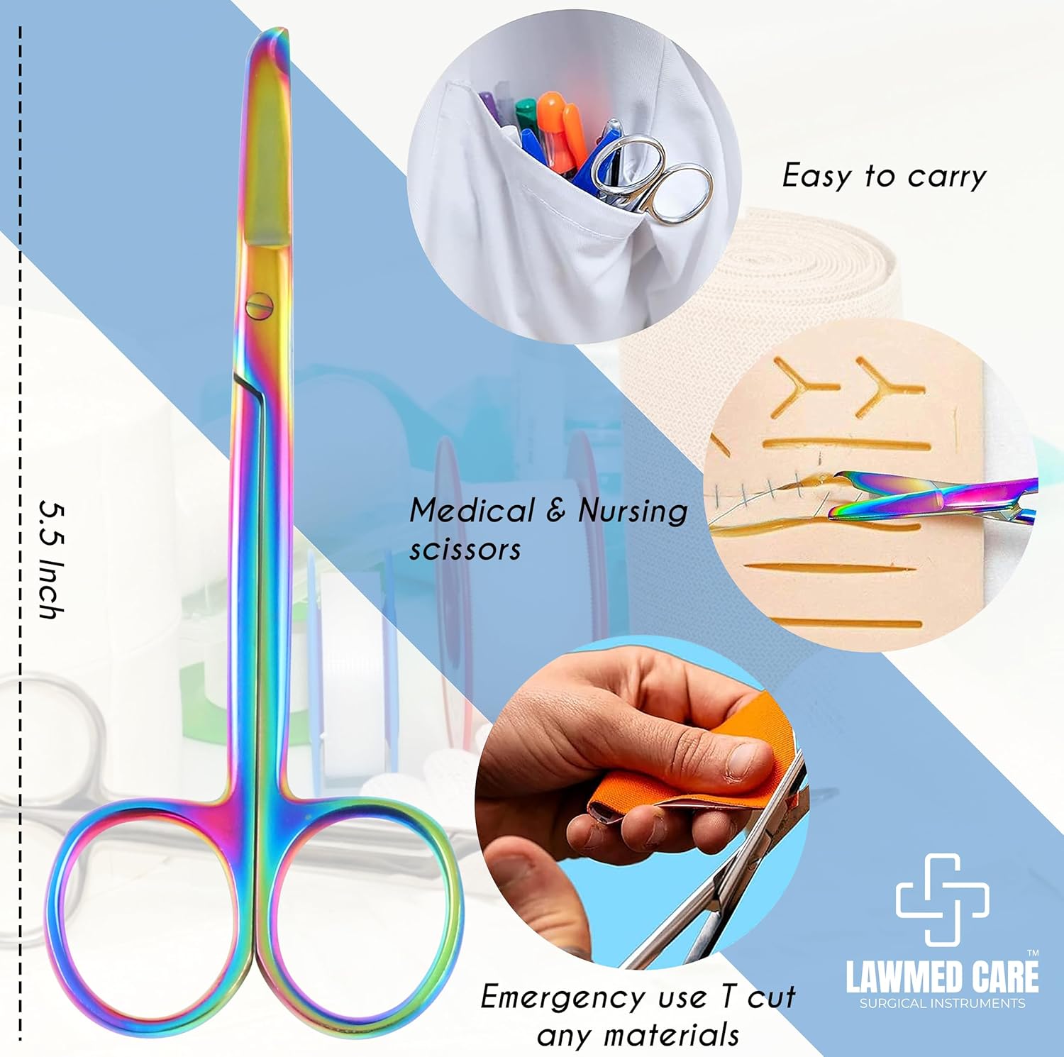 Suture Stitch Scissors with Sharp Blades - Profesional Medical Scissor for Precise Procedures - Handheld Scissors Rainbow Color (Pack 3 Multi)