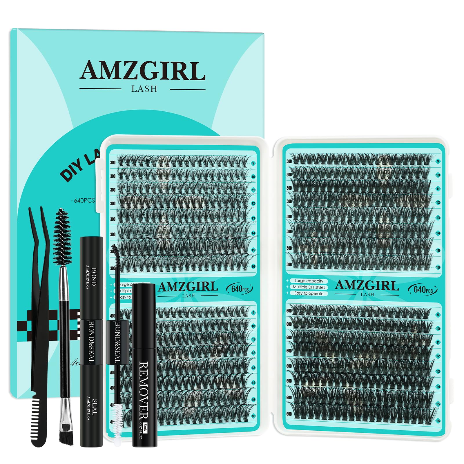 Lash Clusters Kit 640Pcs 30D 40D 50D 60D Eyelash Extension Kit Lash Bond and Seal Waterproof Lash Remover