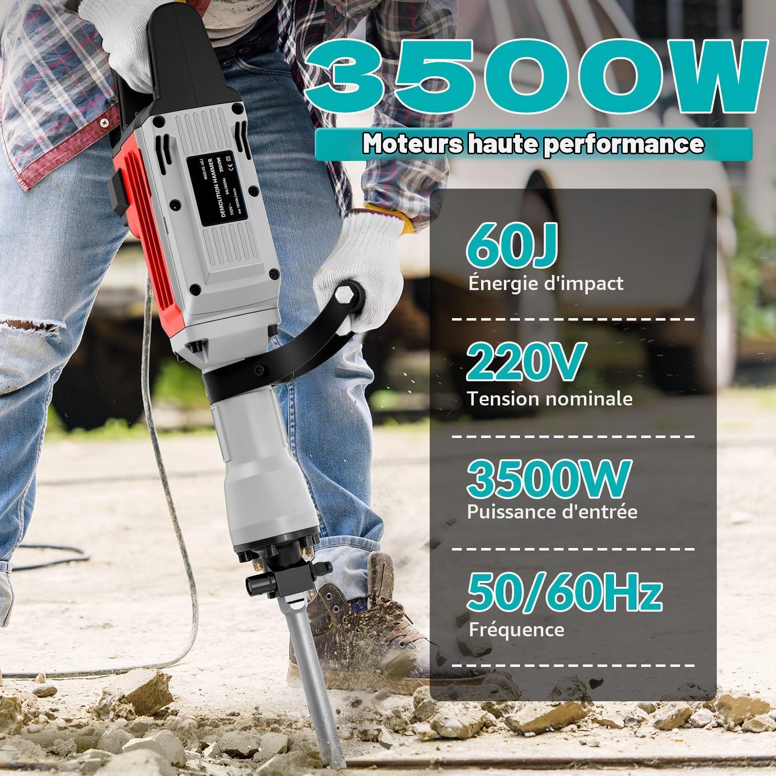 Marteau de Démolition 3500W – 60 J, 1800 BPM, 2 Burins (Plat & Pointe), Poignée 360° Anti-Vibration, pour Béton et Travaux Lourds