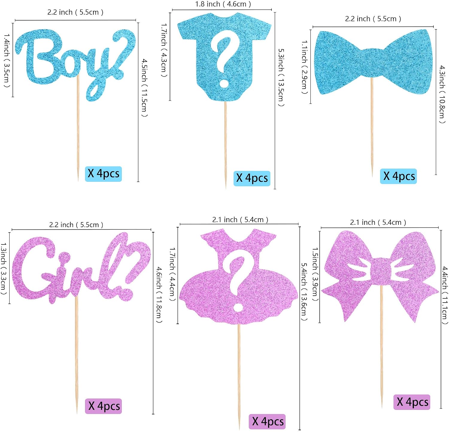 24Pcs Gender Reveal Cupcake Toppers Baby's Boy or Girl Glitter Cupcake Picks Kids Birthday Party Decors Baby Shower Party Decoration Supplies
