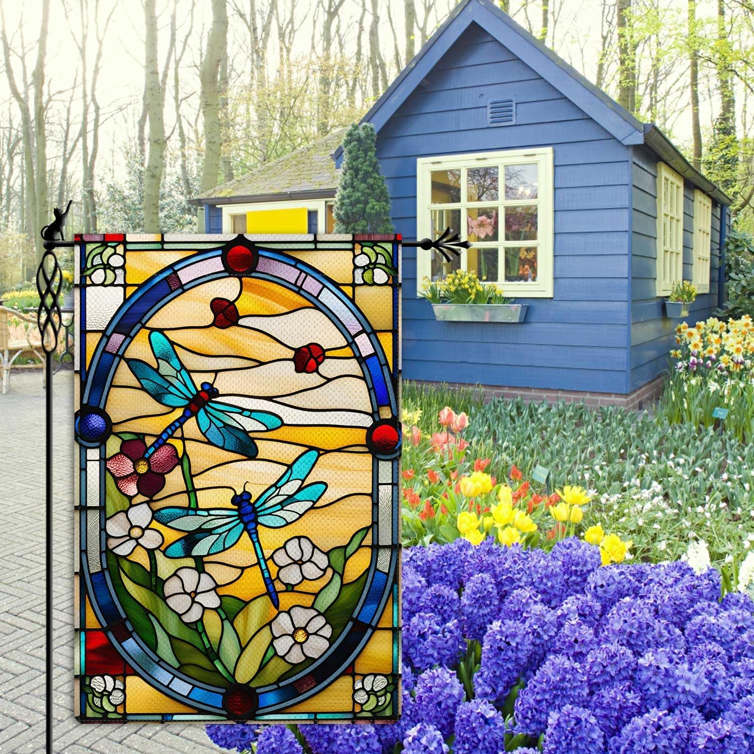 Spring Summer Dragonfly Garden Flag Stained Glass Style Floral Flowers Garden Flag Vertical Double Sided Rustic Farmland Burlap Yard Lawn Outdoor Decor 12.5x18" - Image 3