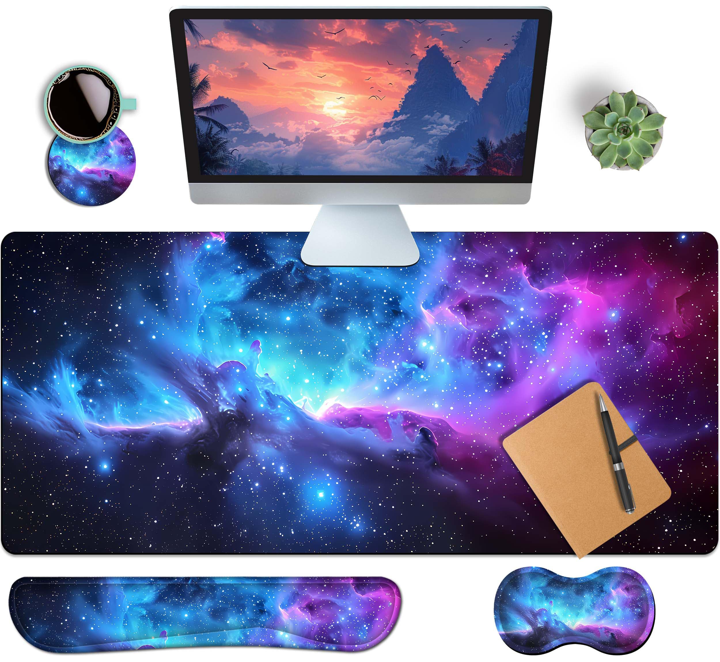 4-teiliges erweitertes großes Mauspad-Set für Damen und Herren mit Galaxie-Design, inklusive 35,4 x 15,7 cm großes XXL-Mauspad, Tastatur-Handgelenkauflage, Maus-Handgelenkstütze und