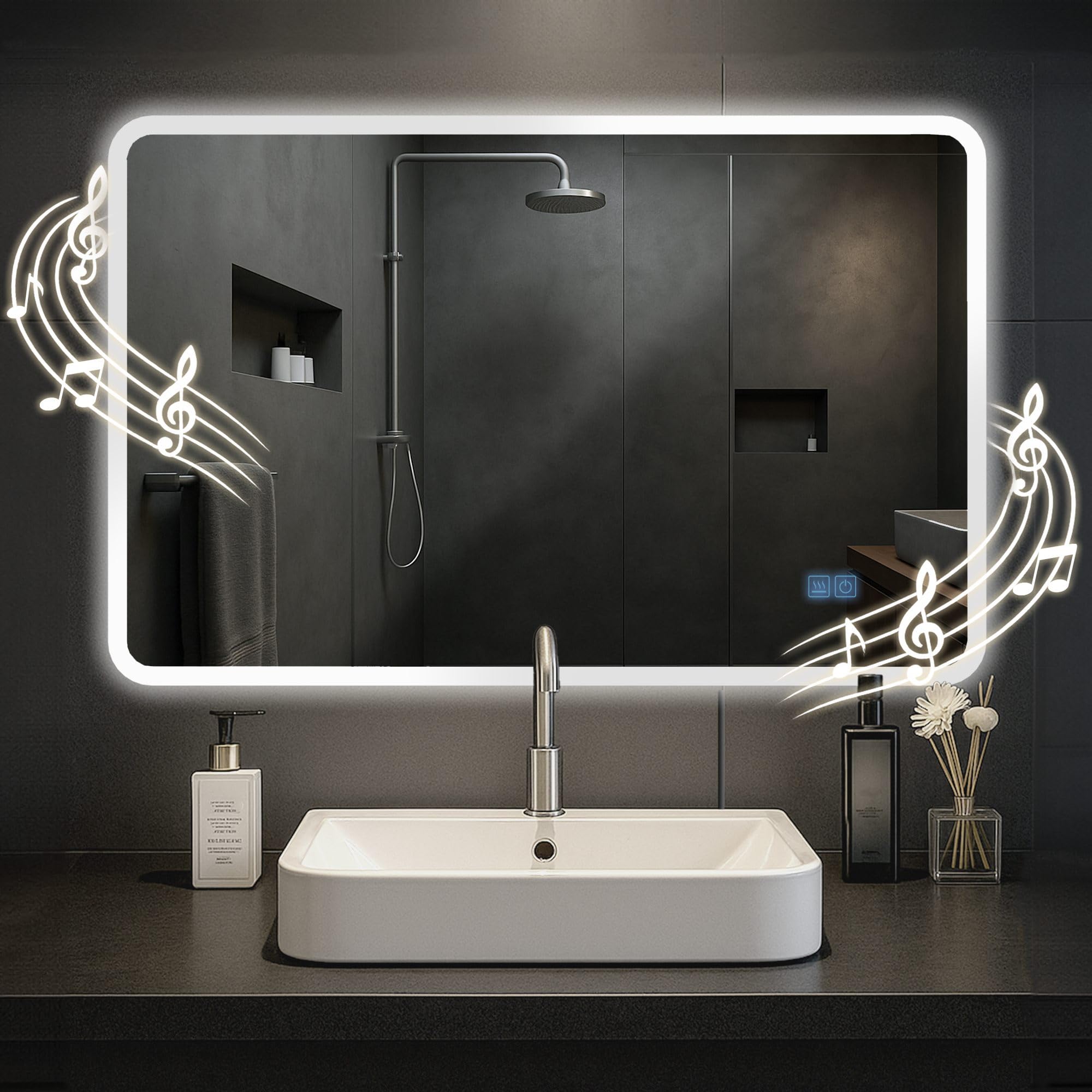 CLP Specchio da bagno Jericho con illuminazione, altoparlante Bluetooth, specchio da bagno antiappannamento, specchio da parete LED, Dimensione:70x100 cm