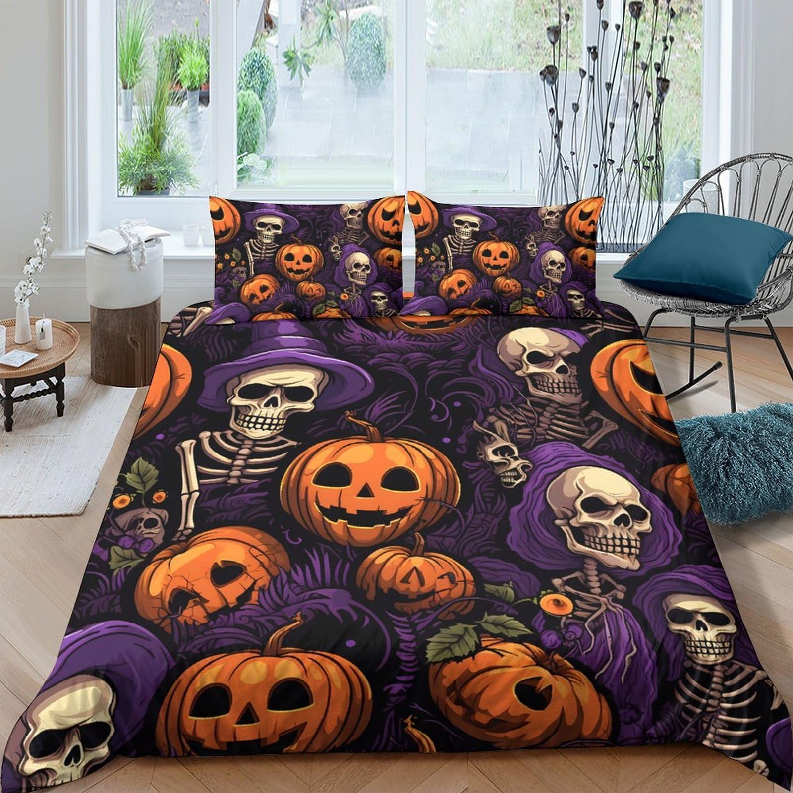 Ctjqhvkz Style-1 3D Printed Halloween Pumpkin Fitted Sheet Microfiber Skeleton Bed Cover Orange Purple Decor Non Slip For Bedroom Dorm Mattress Protection Single（135X200cm）