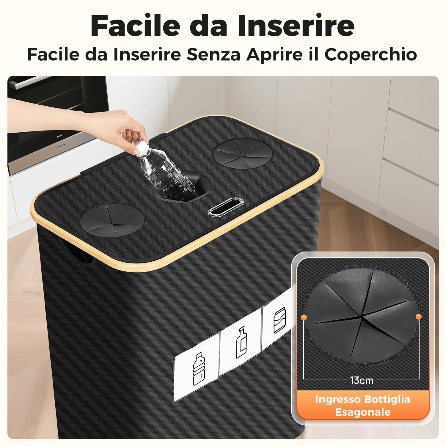 OUSFOT Raccoglitore di Bottiglie, 170L Contenitore per Pegni con Coperchio 3 Scomparti Neroper Cucina Adatto per la Cucina,Soggiorno