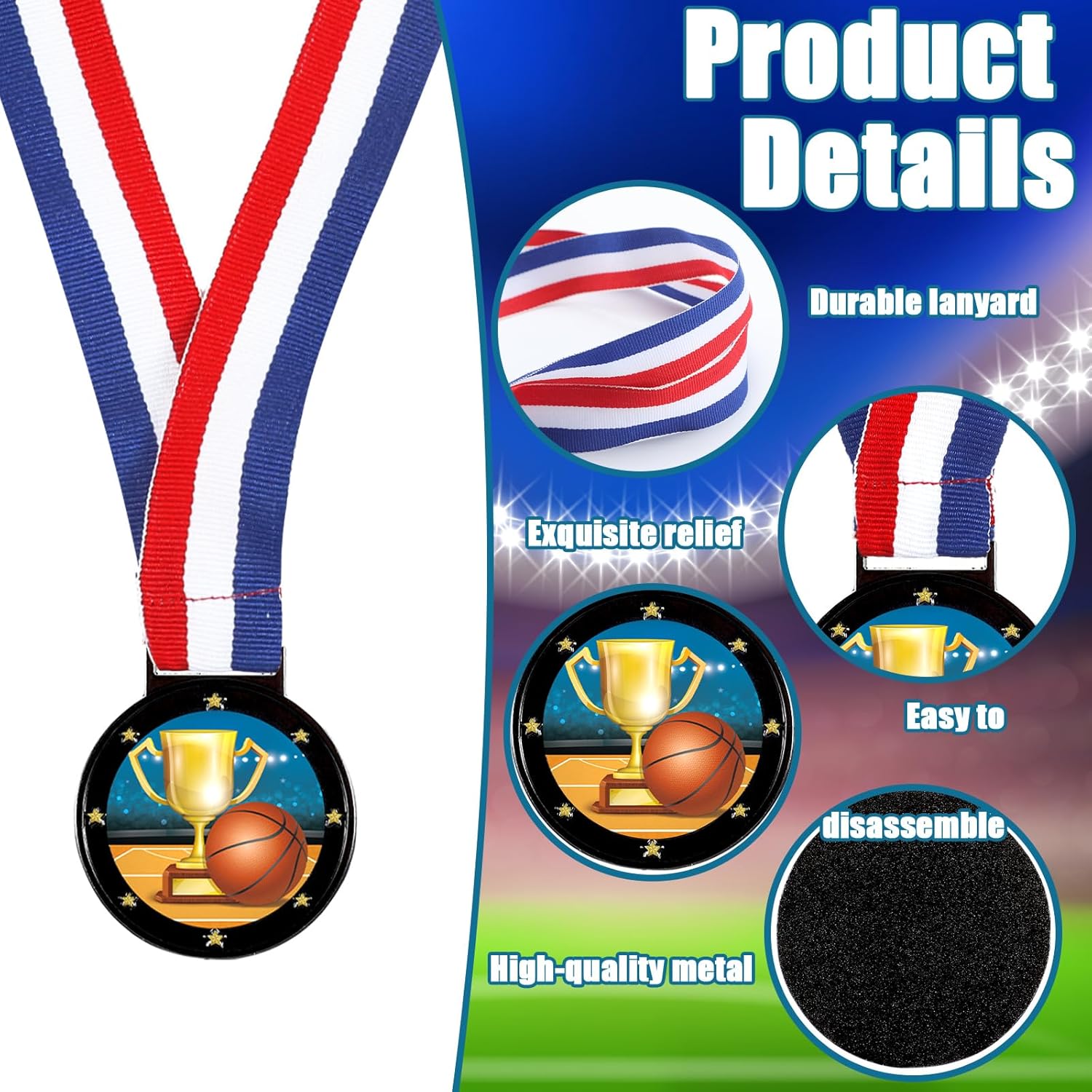 Kenning 24 Pcs Basketball Medals for Kids with Attached Neck Ribbons, Award Medals Metal Trophy Trophies Gift for Sports Themed Party Favors Team Participation(Basketball)