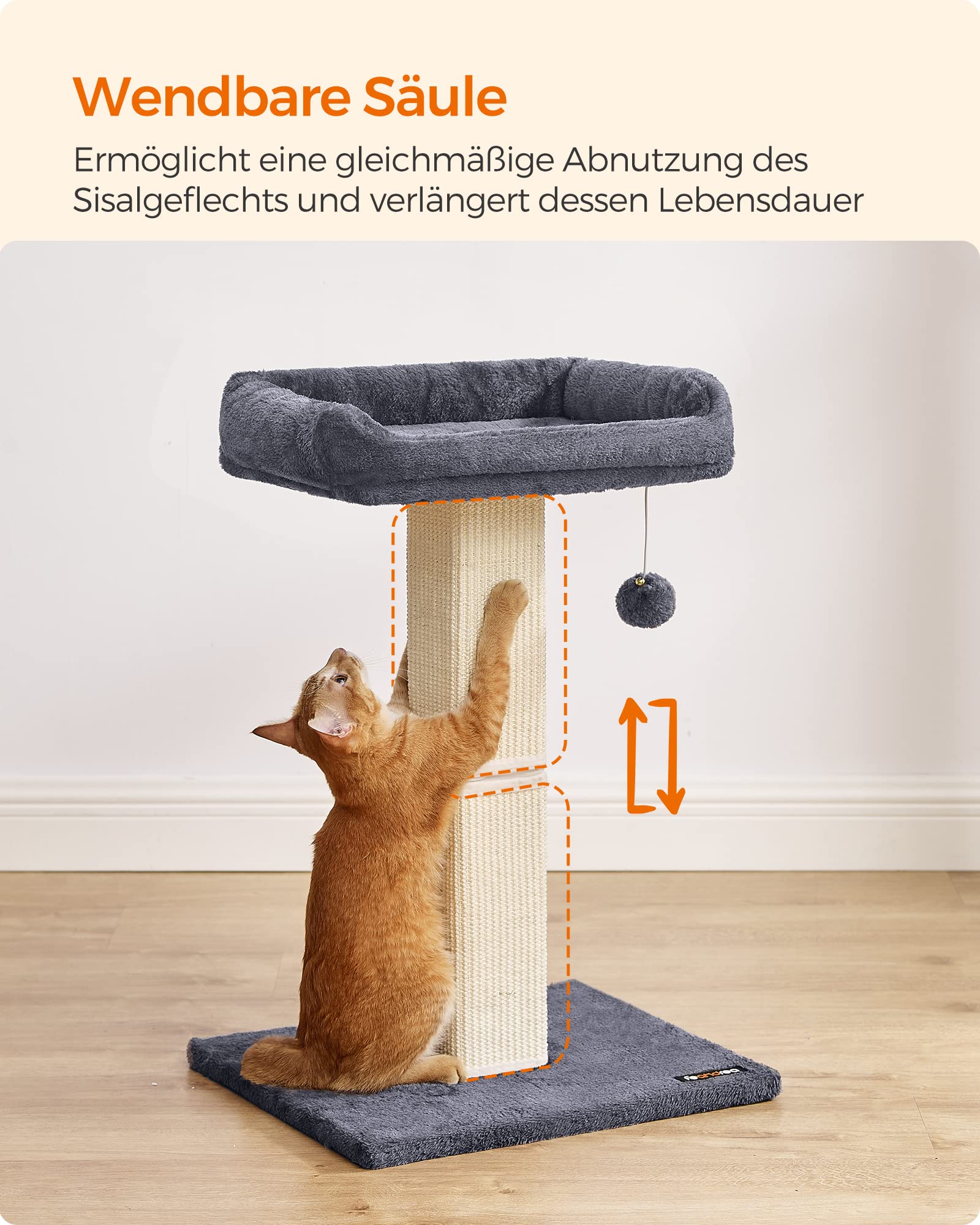 Feandrea Kratzbaum, Katzenbaum mit 40 x 30 cm Plattform aus Plüsch, Kratzstamm, Katzenkratzbaum, 71 cm hoch, 10 cm Dicke Kratzsäule mit geflochtenem Sisal, mit Plüschball, dunkelgrau PCA022G01