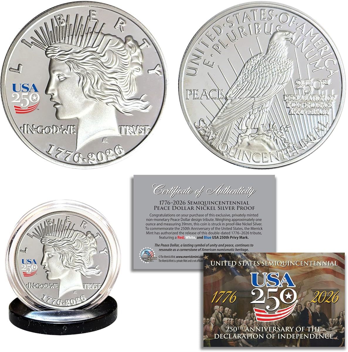 America 250th Anniversary 1776-2026 Peace Dollar Nickel-Silver Proof Privy Medallion Coin USA 250