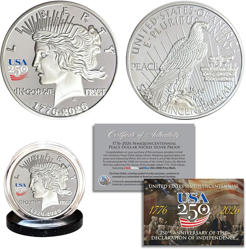 America 250th Anniversary 1776-2026 Peace Dollar Nickel-Silver Proof Privy Medallion Coin USA 250