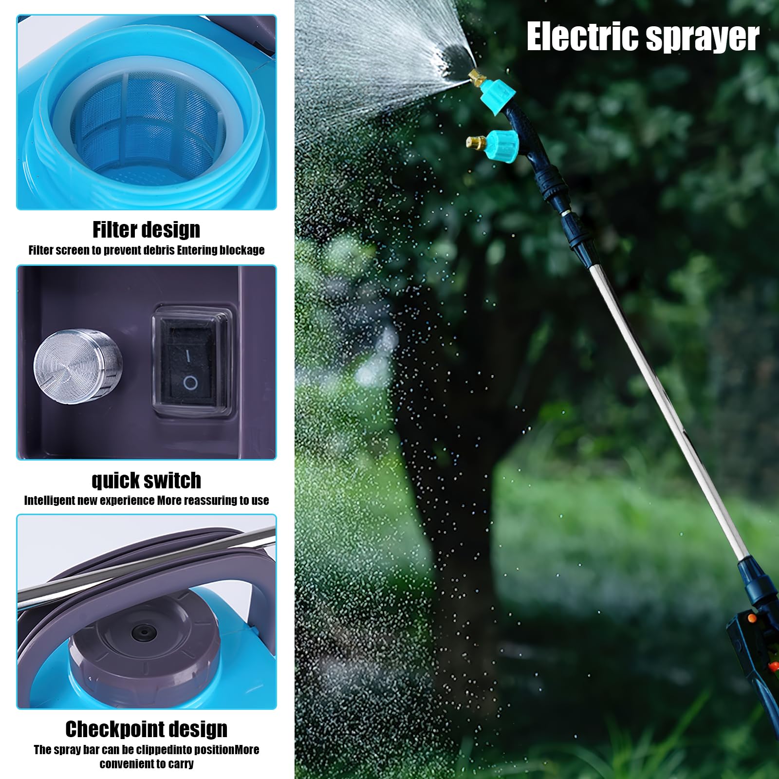 Pulverizador eléctrico portátil de 10 l, pulverizador eléctrico con lanza telescópica, autonomía de 300 min, arnés + 5 boquillas, 2000 mAh,pulverizador de espalda recargable, ideal para céspedes