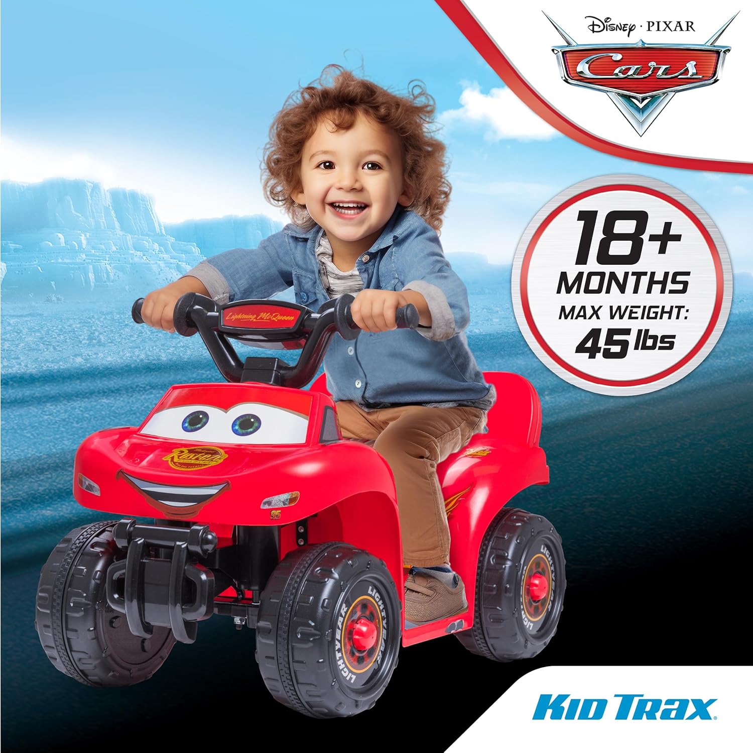 Kid Trax Toddler Disney Cars Quad Ride On Toy, Kids 1.5-3 Years Old, 6 Volt Battery and Charger Included, Max Weight 45 lbs, Lightning McQueen Red
