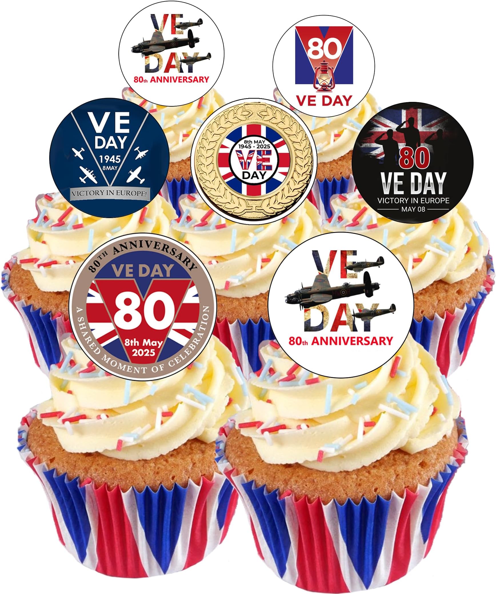 24 Pre Cut VE Day 80th ANNIVERSARY Victory Remembrance WW2 Edible Wafer Paper Round Cake Toppers Decorations - Perfect for street parties