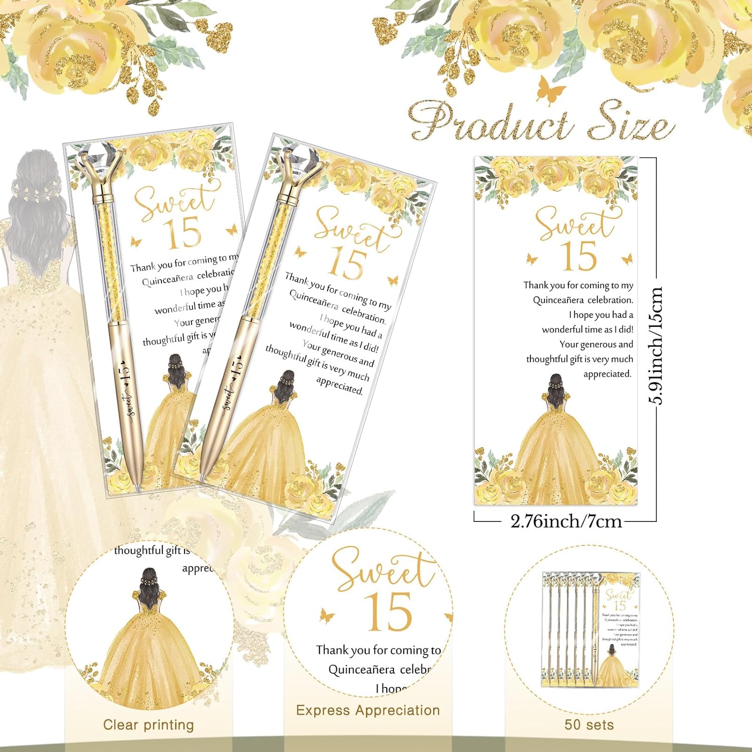 Sayglossy 50 Sets Quinceanera Party Favors Sweet 15th Thank You Gifts Diamond Pens with Thank You Cards Retractable Ballpoint Bling Pens 15 Birthday Gifts for Guests (Gold)