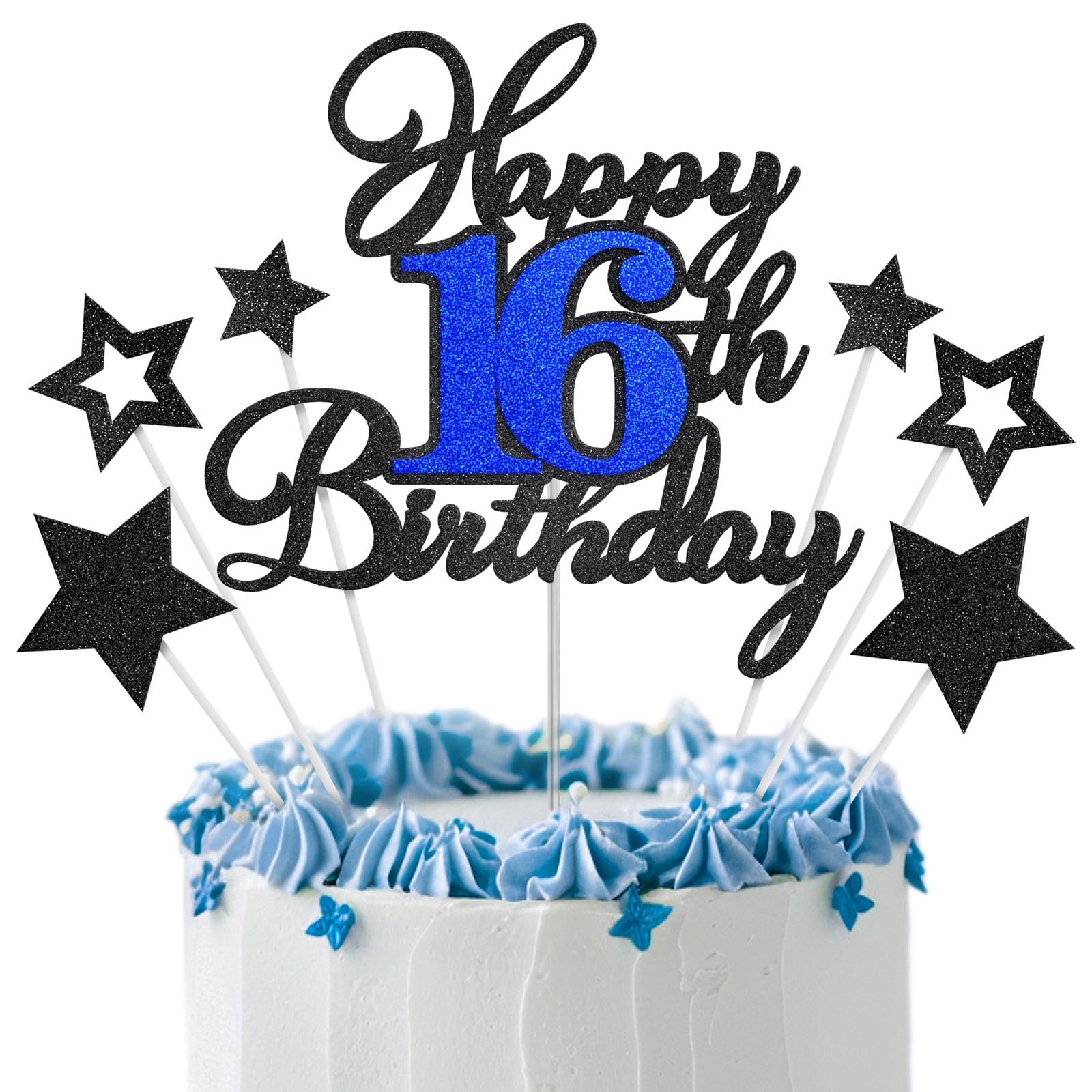 Happy 16th Birthday Cake Toppers, Black Blue Glitter Cake Decorations Set, 16th Birthday Decor, Birthday Anniversary Party Decorations Supplies