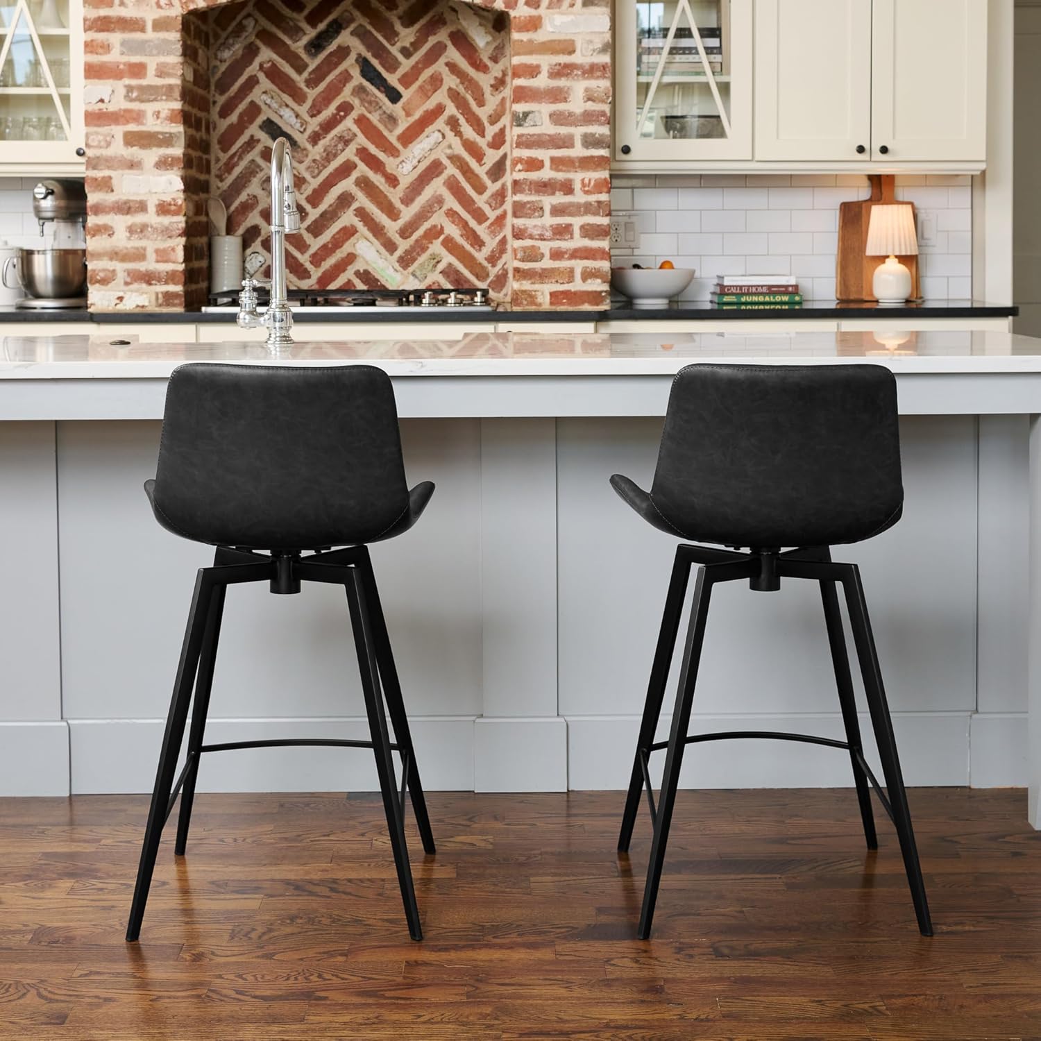 Maven Lane Victor Counter Stool – 26 Inches – Swivel Stool with Footrest – Black Metal Frame & Dark Grey Faux Leather Upholstery – Perfect for Kitchen Island & Counters