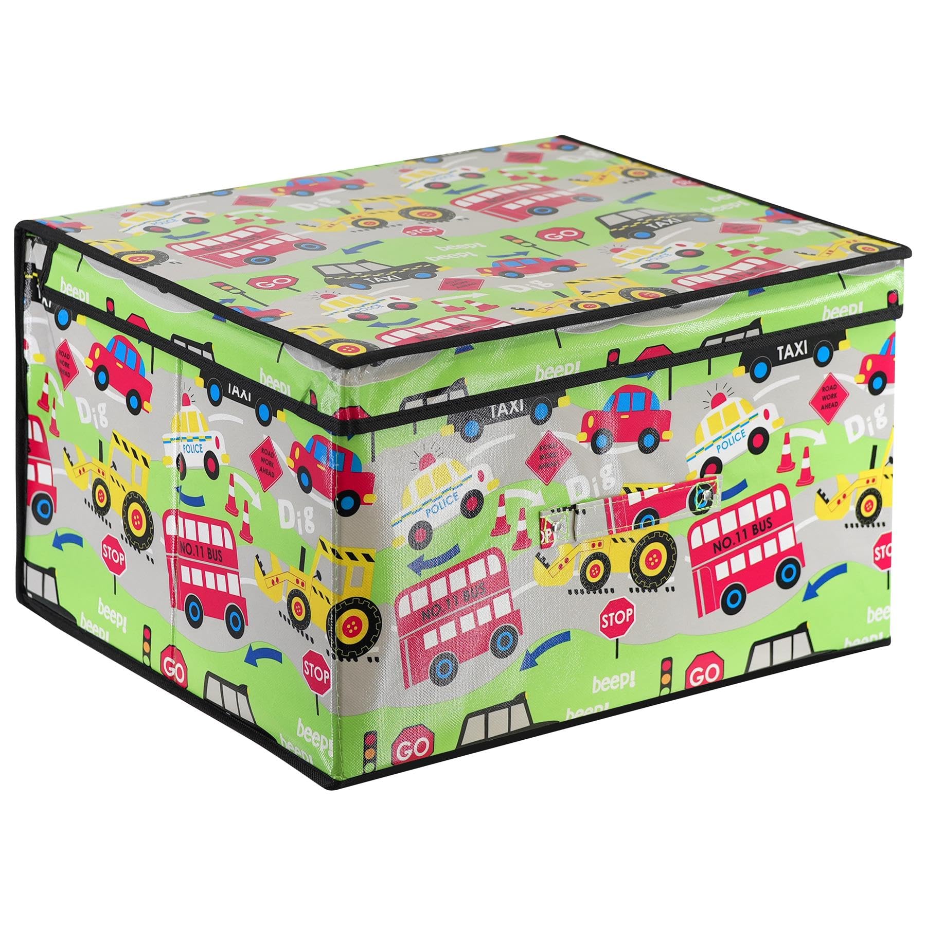 The Magic Toy Shop Large Foldable Kids Toy Storage Box with Lid - Road Works Design - Collapsible Fabric Organizer for Children's Toys, Crafts, Clothes - for Boys & Girls Bedroom 50x30x40cm