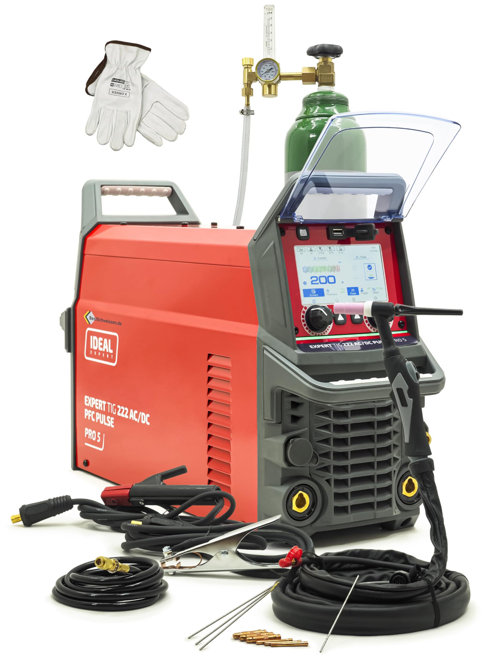 IDEAL Expert TIG 222 AC/DC WIG Poste à souder – Inverter 200 A pour aluminium – Avec bouteille de gaz argon de 8 l, réducteur de pression et accessoires – Allumage HF, PFC, fonction pulsation, écran