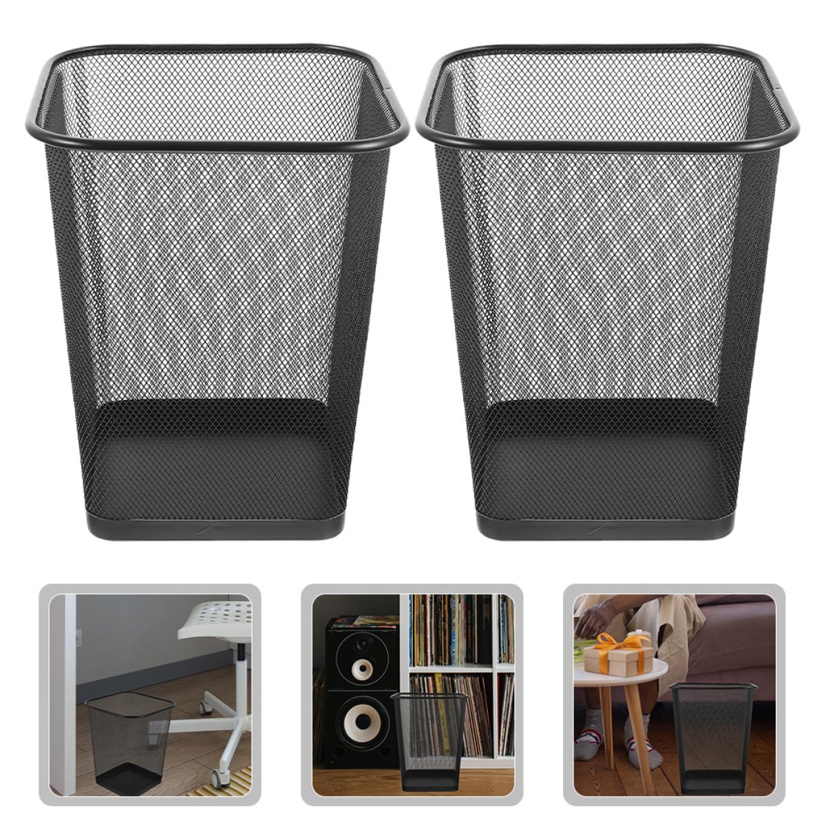 Metal Mesh Garbage Can and Wire Trash Basket 2pcs, Black Small Square Metal Wastebasket for Office and Home, Rustic Recycling Bin for Kitchen Bathroom Desk Side Use