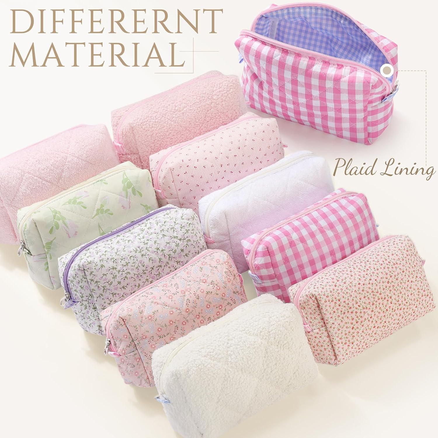 Paterr 10 Pcs Quilted Makeup Bag Bulk Cotton Floral Cosmetic Bag Women Girls Bridesmaid Gifts Cute Makeup Pouch Coquette Aesthetic Travel Toiletry Organizer(Purple Floral,7.87 x 4.72 x 3.15 Inches)
