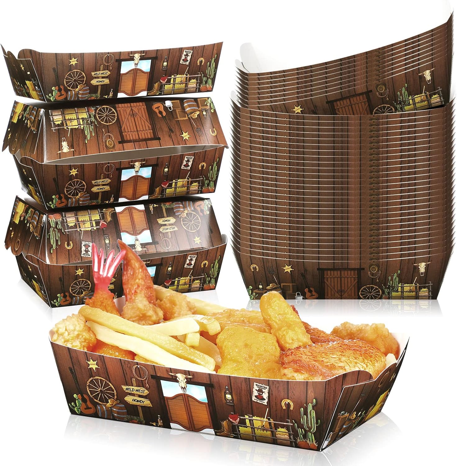 Hoolerry 200 Pieces Western Cowboy Paper Food Trays 1LB Wild West Halloween Party Supplies Saloon Western Scene West Food Boats Disposable Serving for Cowboy Birthday Picnics Parties Theme Decoration