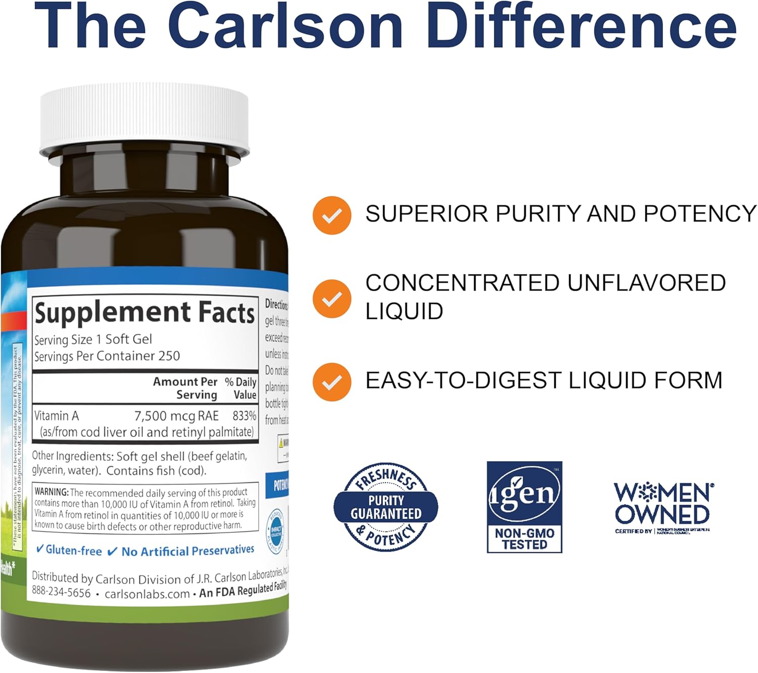 Carlson - Vitamin A, 25000 IU (7500 mcg RAE), Immune Support, Vision Health, Antioxidant, Vitamin A Supplements, 250 Softgels