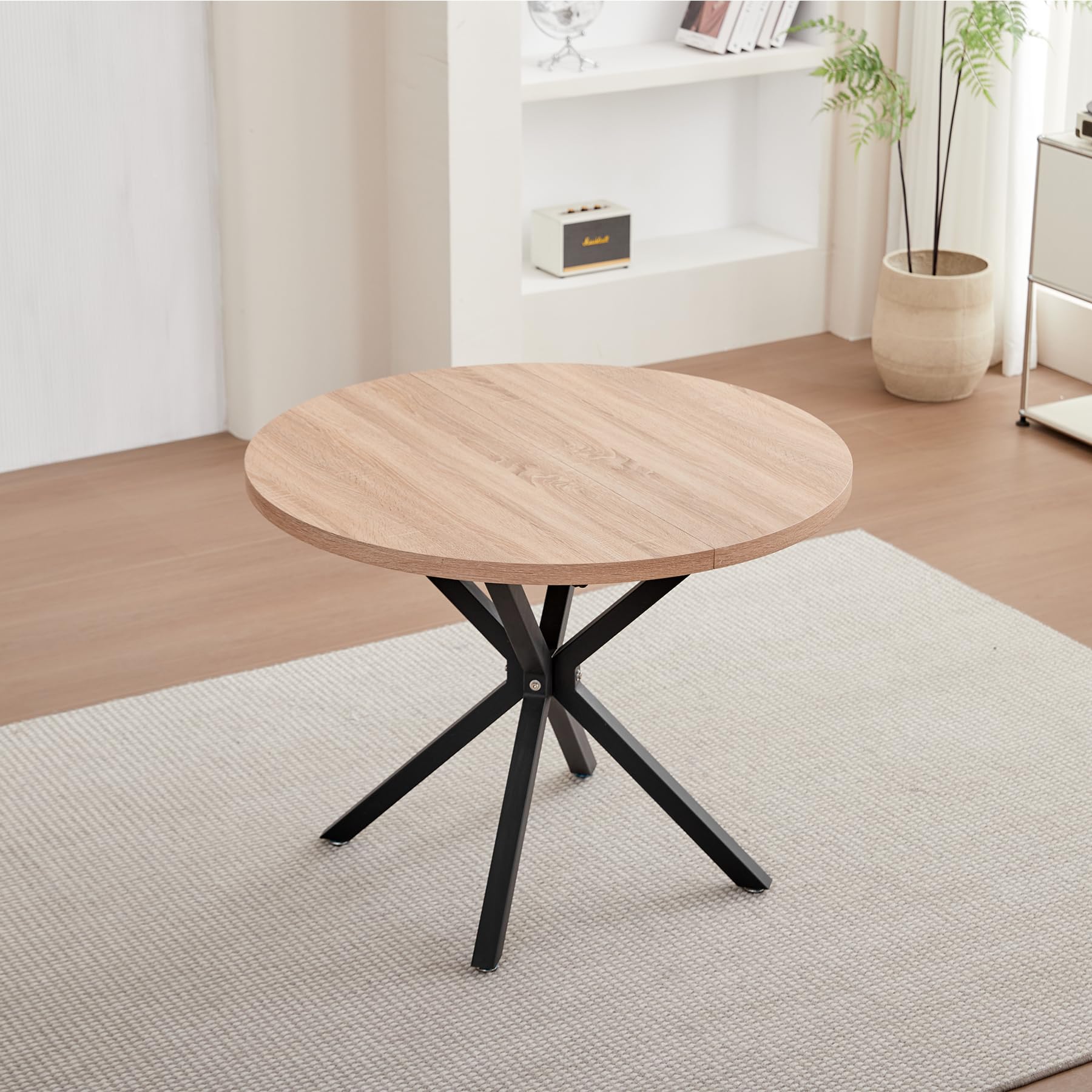 Mesa de Comedor con 4 Sillas, Juego de Comedor, Mesa de Comedor Redonda de Madera de 100 * 100 * 75 cm, 4 Sillas con Respaldo Alto, Patas de Madera de Haya, (Marrón Claro +Caqui)
