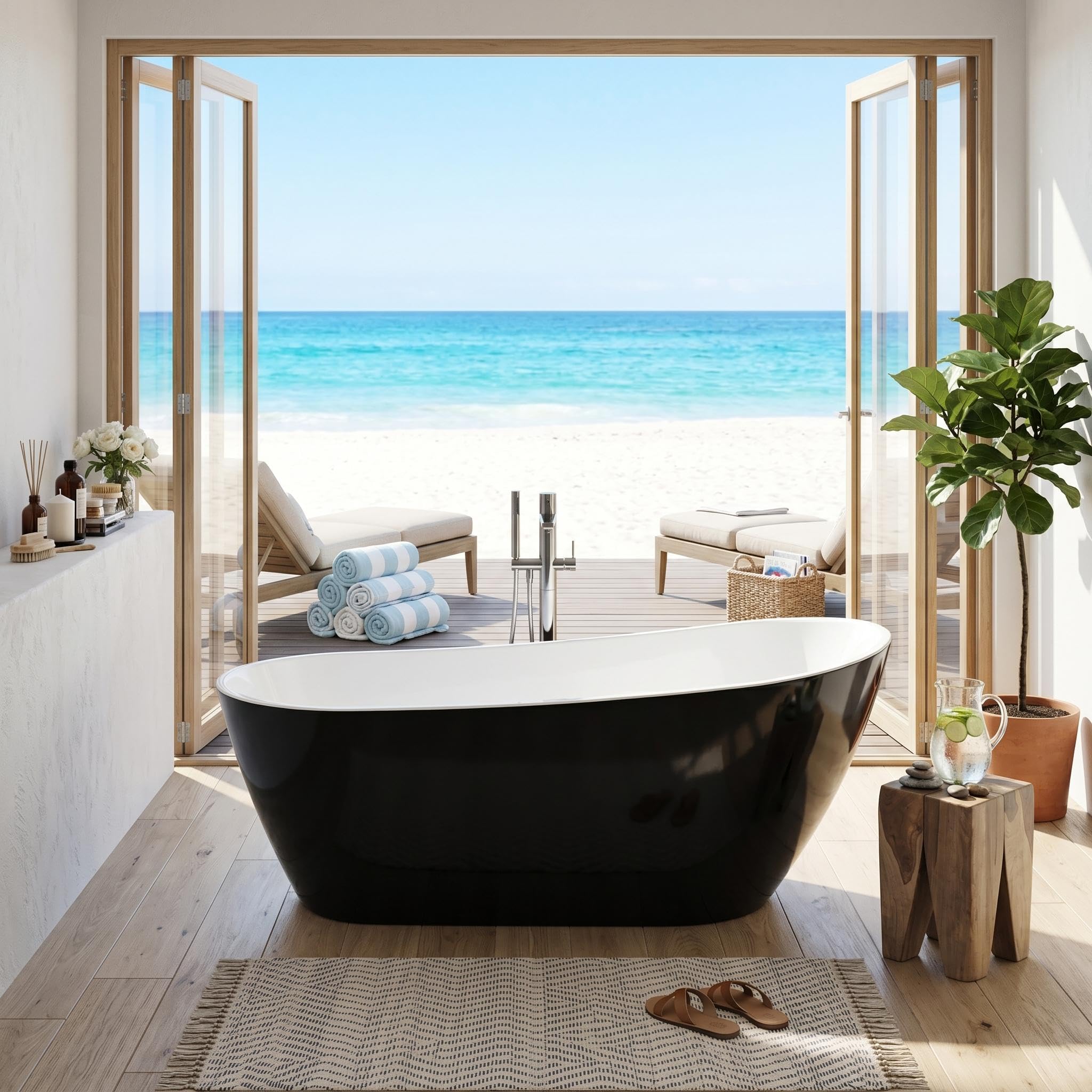 IDEALHOUSE Freestanding Acrylic Bathtub, Black White Soaking Tub