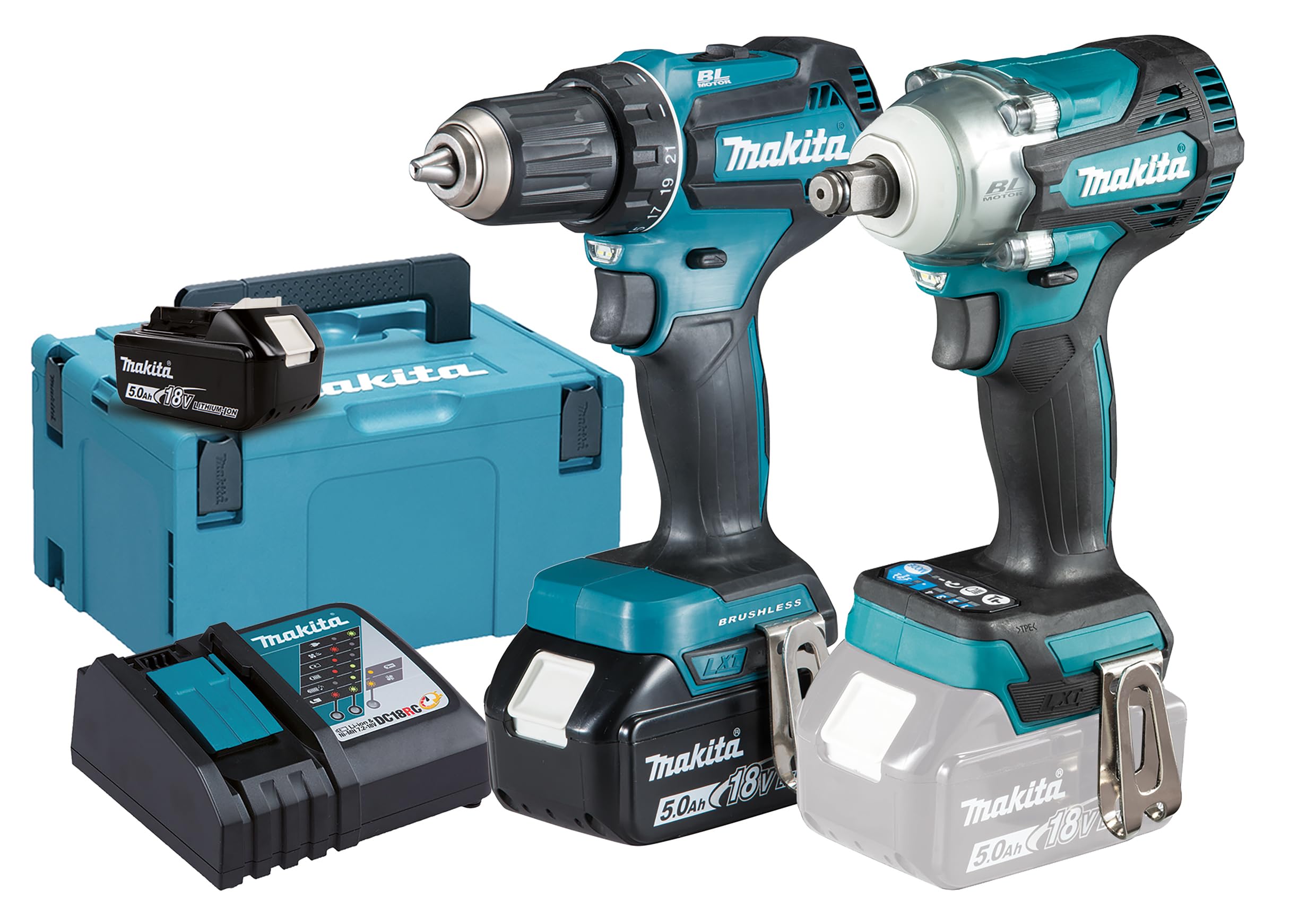 Makita DLX2452TJ - Juego de baterías (18 V, DDF485 + DTW300, 5,0 Ah, 2 baterías y cargador)