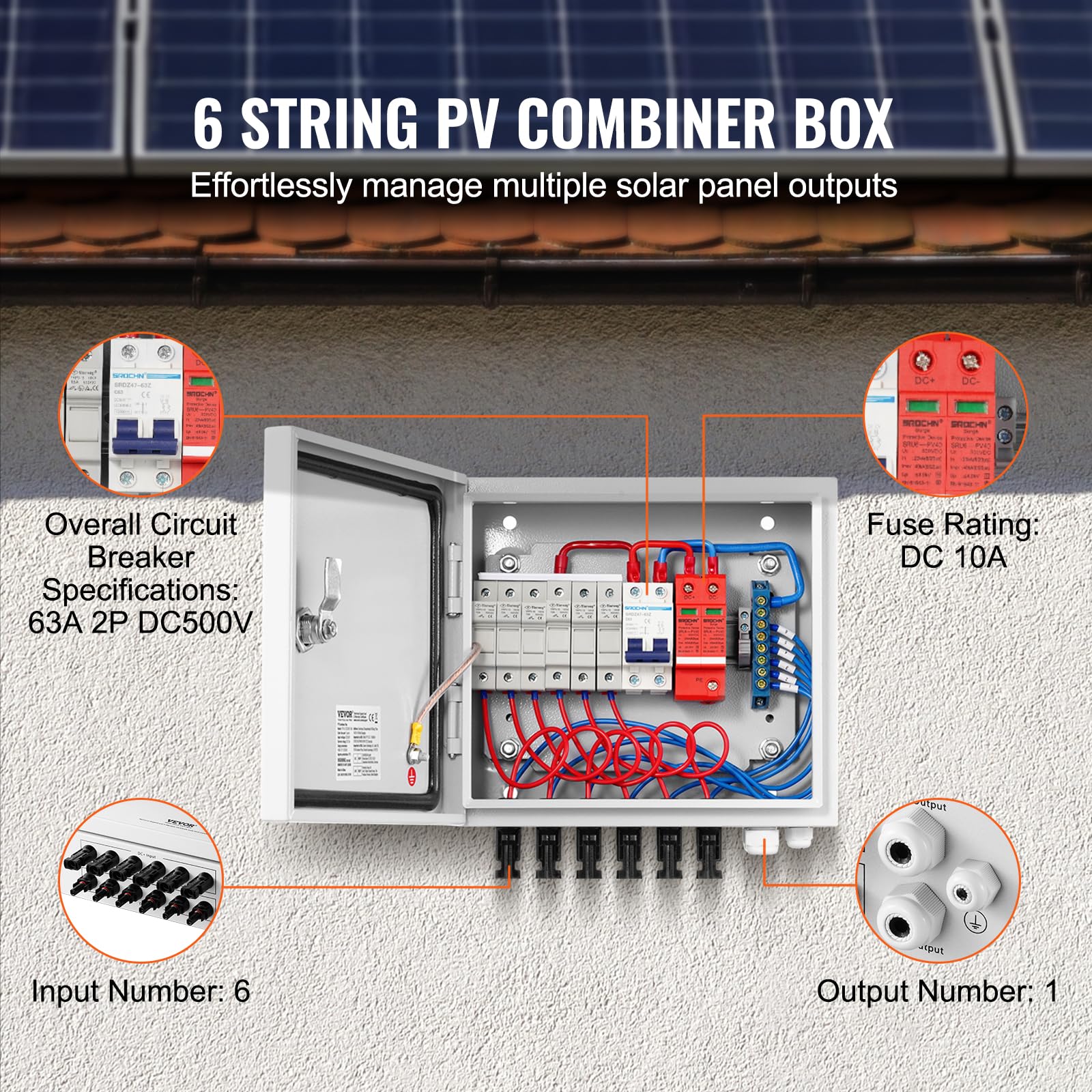 VEVOR Boîte de combinaison PV, 6 chaînes, boîte de combinaison solaire avec fusible de courant nominal 10 A, disjoncteur 63 A parafoudre, en acier pour système de panneaux solaires marche/arrêt, IP65
