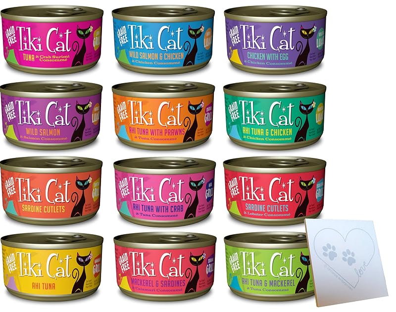 Ração úmida sem grãos para gatos Tiki Cat Patê, variedade com 12 sabores e 12 latas de 79 g