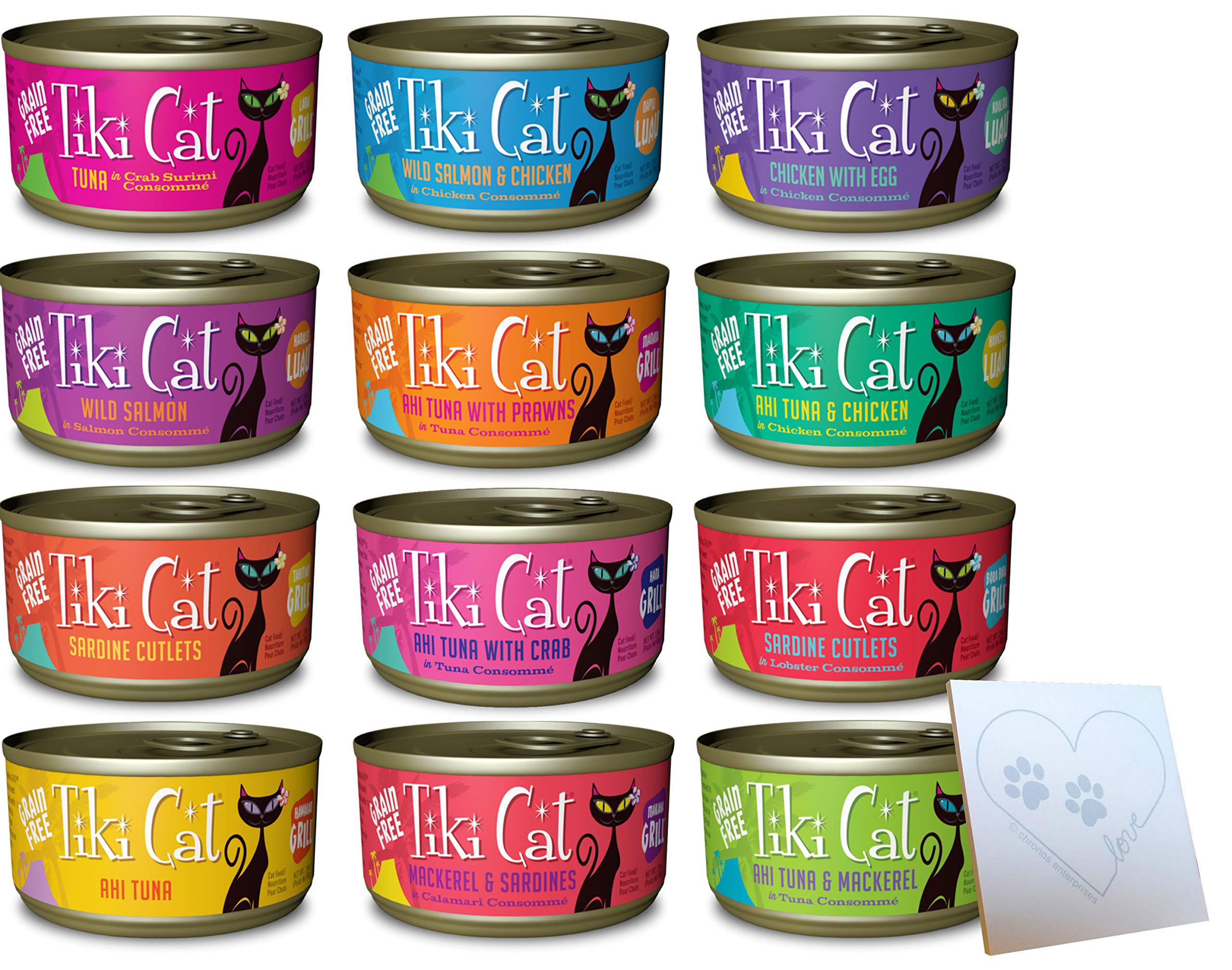 Tiki Cat Grain-Free Huge Variety Pack - 12 Total Flavors: Hawaiian Grill, Lanai Tuna, Makaha Mackerel, Tahitian Grill, Bora Bora Sardine, and More! Plus Pet Paws Notepad (2.8oz Each, 12 Total Cans)