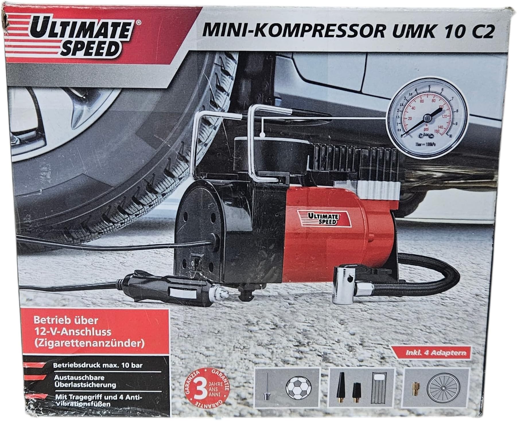 UMK 10 C2 Portable Air Compressor, Red, 35L/min, 12V, Corded Electric, Portable Operation, High Battery Capacity
