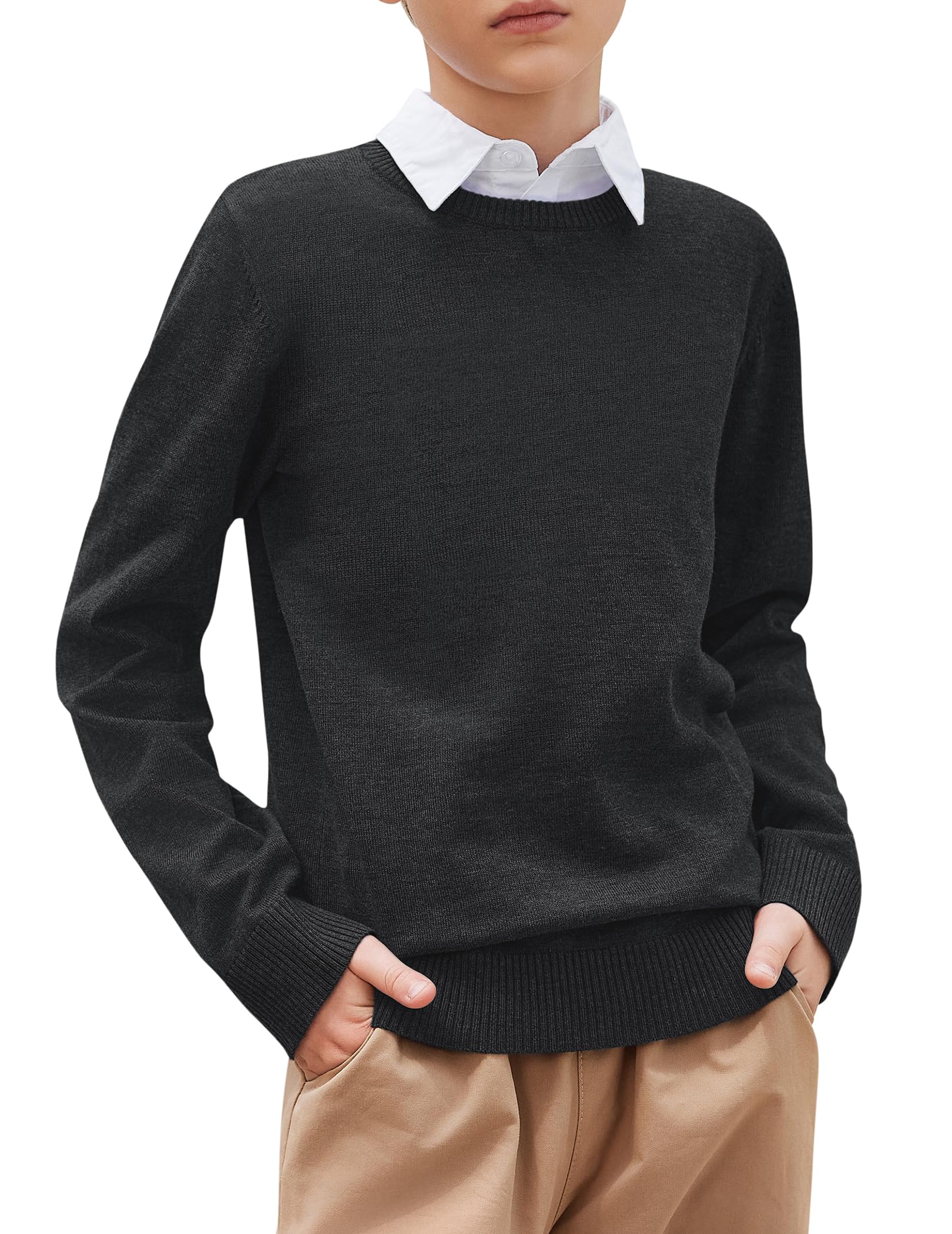 Arshiner Strickpullover für Jungen Langarm Herbst Winter Einfarbig Junge Pullover Rundhals Basic Schooluniform Stricken Sweater Langarmshirt für Kinder 5-12 Jahre