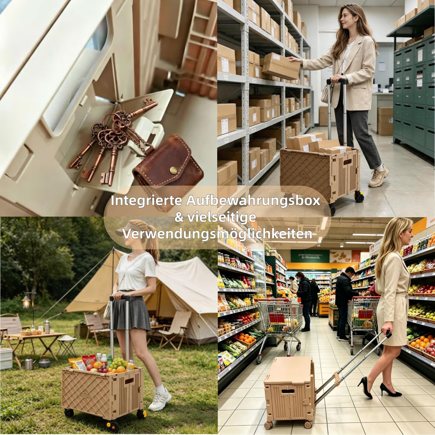 Einkaufstrolley, Klapptrolley mit Rollen & Teleskopgriff, bis 80 kg, 63 L Kiste,Faltbare Einkaufshilfe, Rolltrolley,Einkaufskorb mit Deckel, Braun,für den Wocheneinkauf, zum Camping
