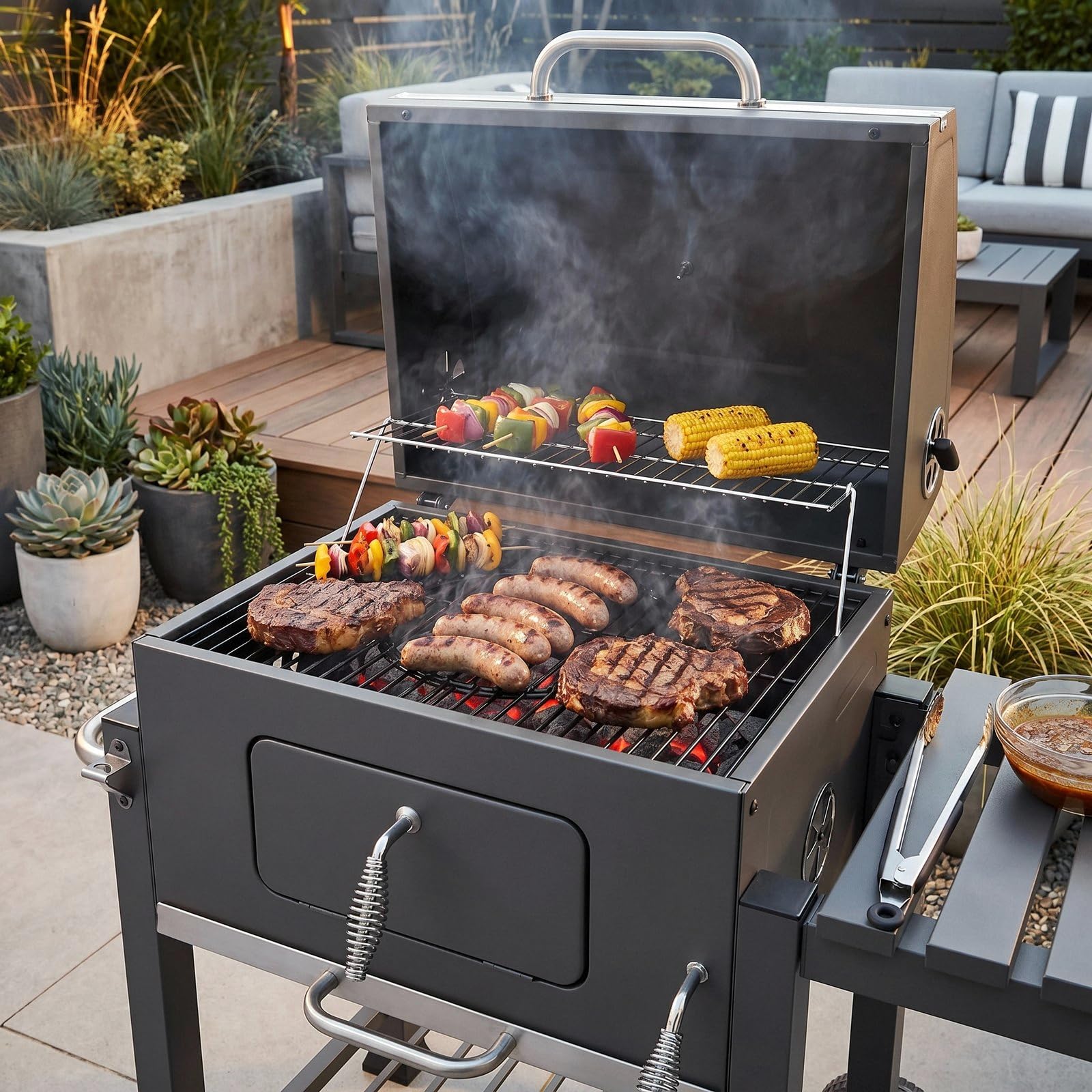 TLGREEN Holzkohlegrill mit Deckel, Thermometer, 2 Räder, Emaille & Verchromtes Grillrost, Aschekasten Holzkohle, Höhenverstellbar Grillwagen, 124x56x140cm, BBQ Smoker für Garten, Camping, Grau