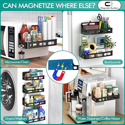 Miniatura 6 de Cestas colgantes de pared (2 formas de uso), estante magnético para especias para refrigerador, paquete de 4 con 2 ganchos, organizador de especias