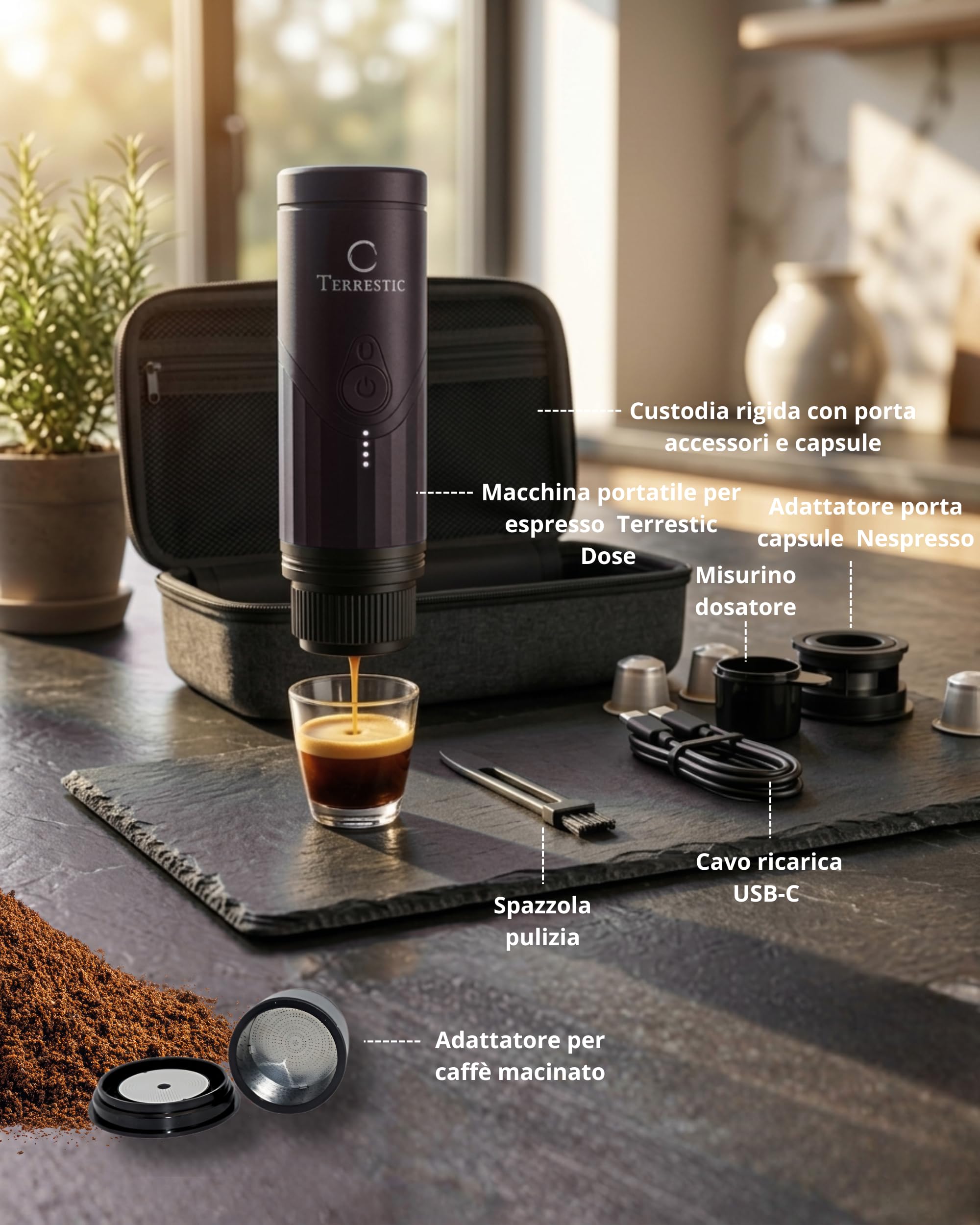 Macchina Caffe Portatile 80 Ml, Caffettiera Portatile, Macchinetta Caffè da Viaggio Ricaricabile USB, Compatibile con Polvere e Capsule Nespresso con Custodia Rigida