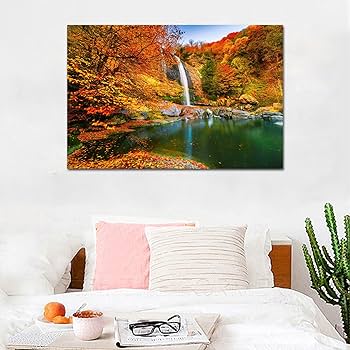 Amazon.co.jp: 滝 絵画 紅葉 自然 風景 ポスター 秋色 川 山