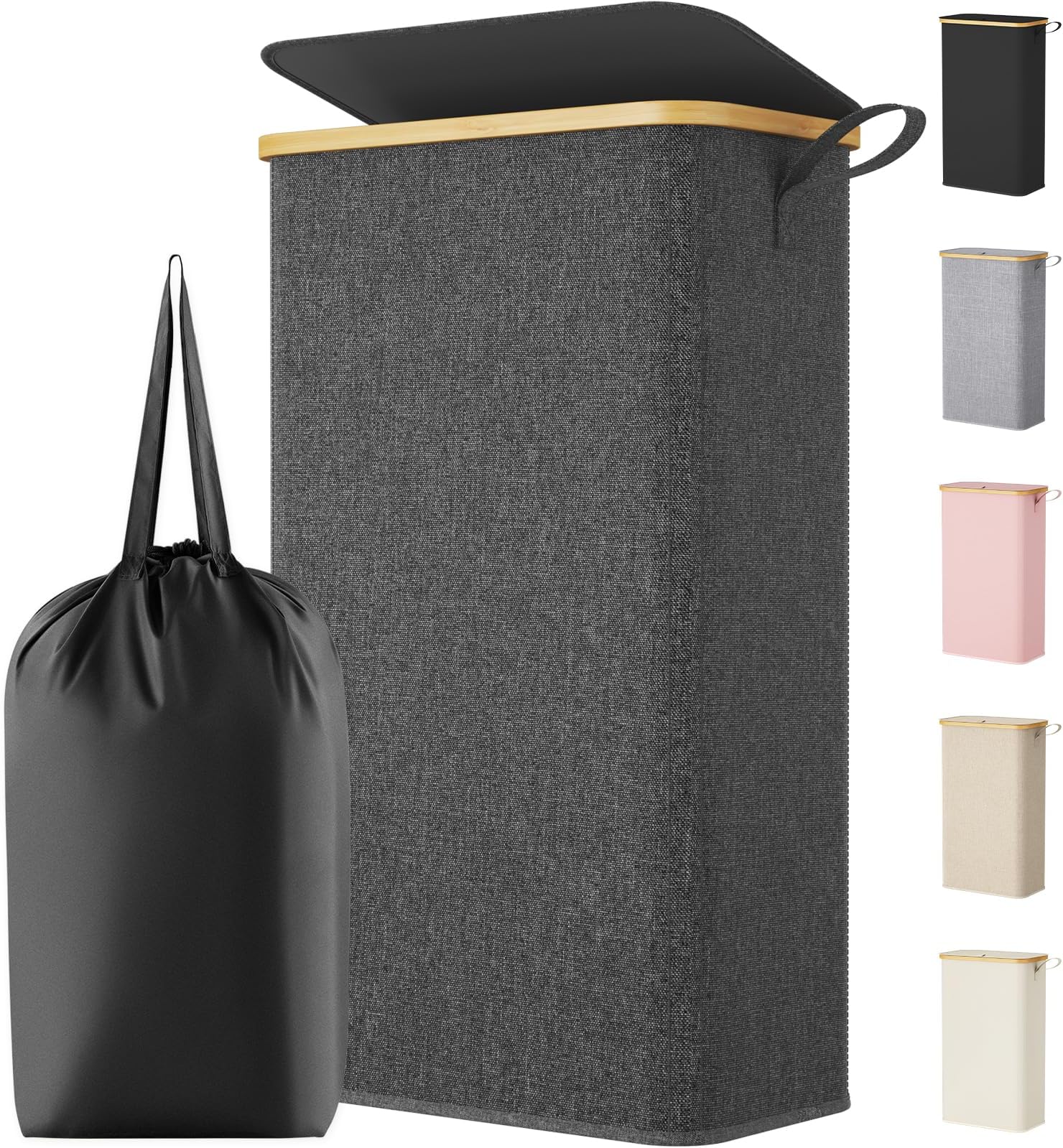 Lifewit 75L Slim Laundry Basket with Lid, Narrow Laundry Bin with Removable Bag & Bamboo Handles, Foldable Thin Dirty Clothes Hamper for Laundry, Bathroom, Bedroom, Dorm (Dark Grey)