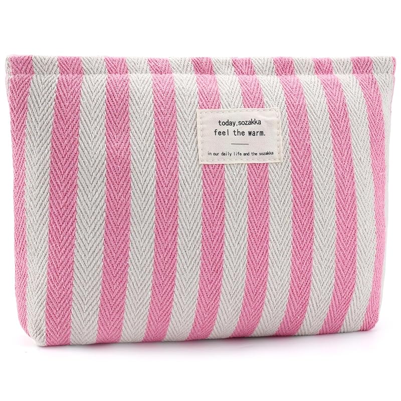 ZLFSRQ Necessaire de Maquiagem Listrada em Lona Rosa com Zíper