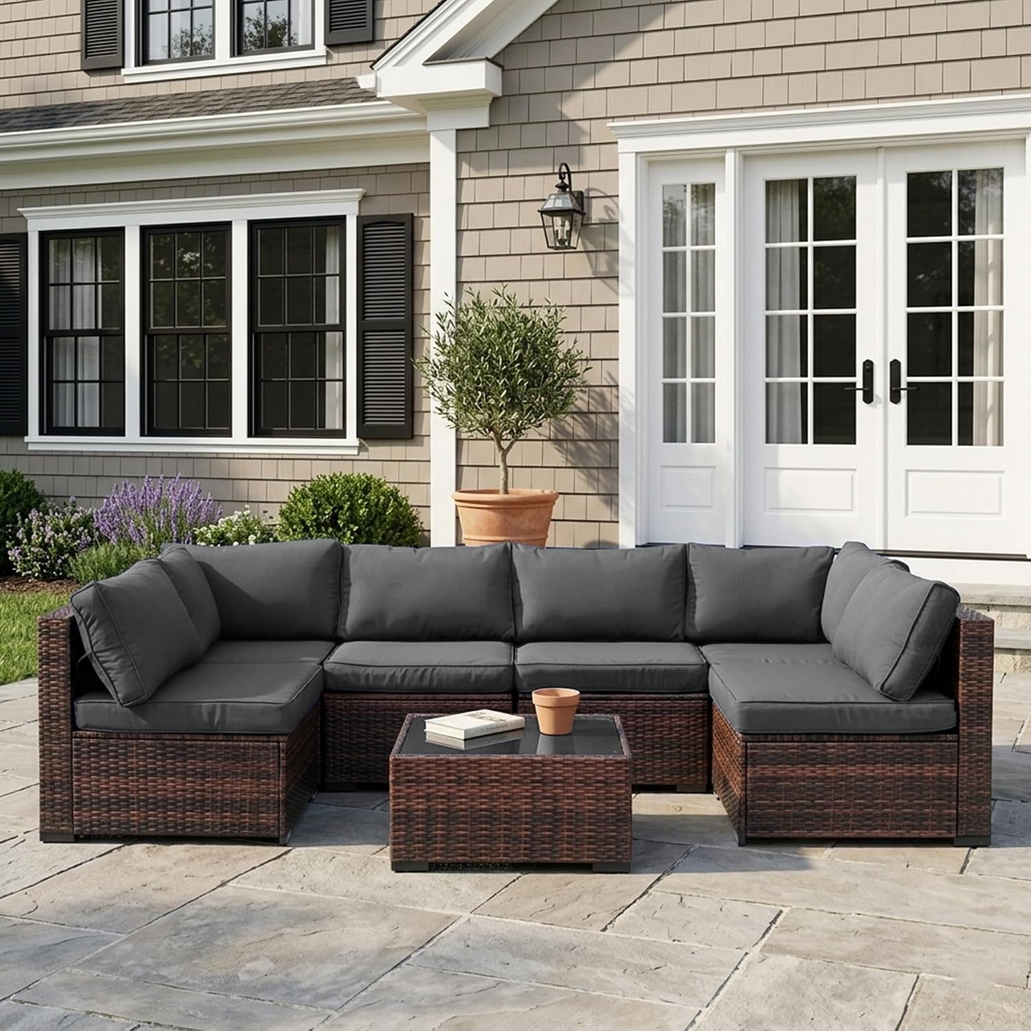 7 Piece Outdoor Patio Furniture Set, Rattan Weather-Resistant Outdoor Conversation Set, Outside Furniture Sectional Sofa Set with 4.3" Anti-Slip Cushions, Glass Table & Rain Cover, Gray