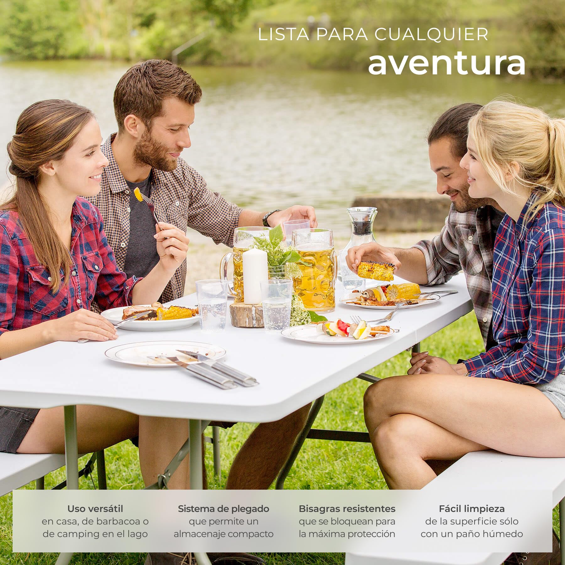 tectake® Mesa Plegable Camping Portatil 70 x 180 x 74 cm, Mesa Auxiliar Jardin, Mesas Plegables, Campismo, Asa de Transporte, Cierre de Seguridad, Carga 120 kg - Blanco