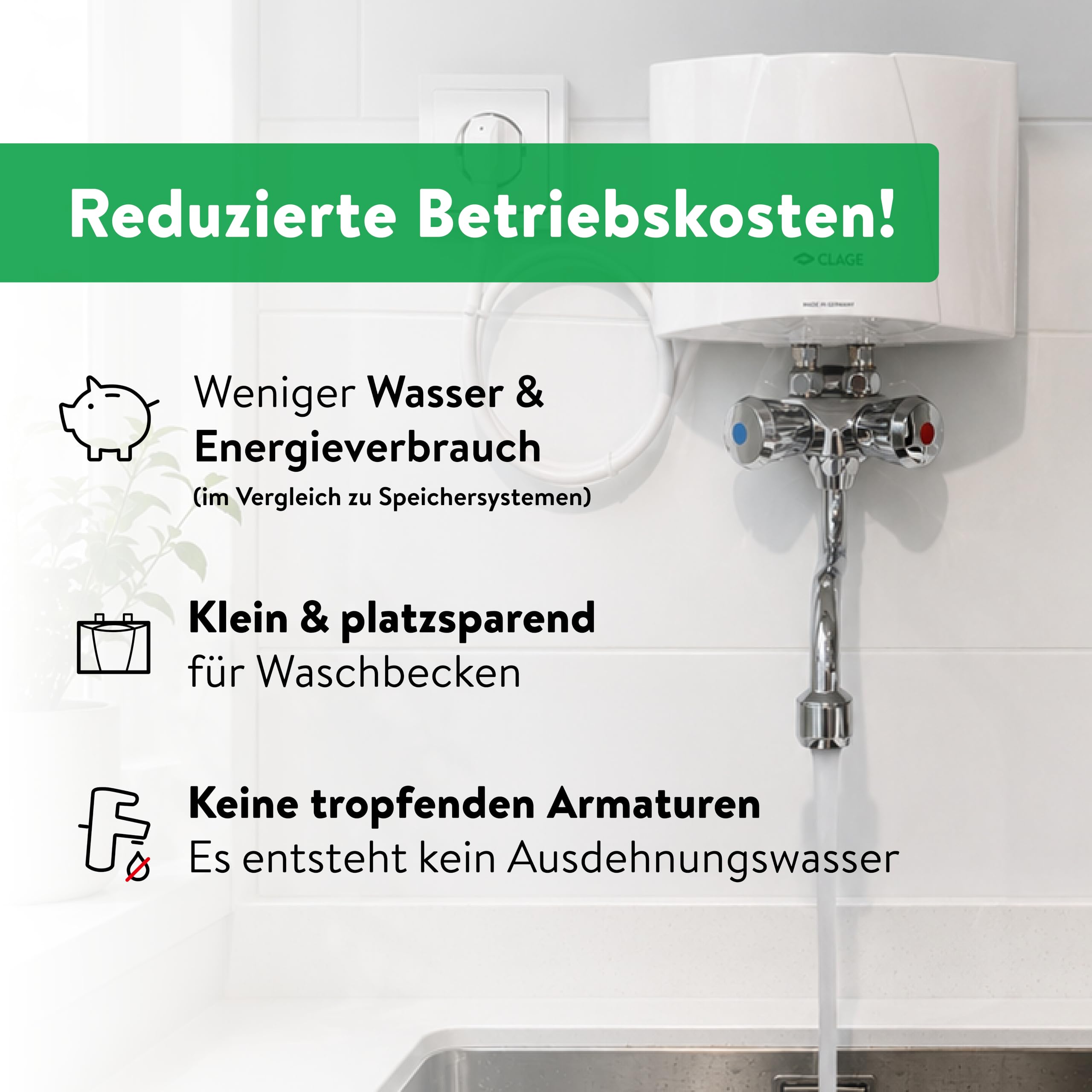 CLAGE M3/SMB hydraulischer Klein-Durchlauferhitzer im Set mit Zweigriff-Waschtischarmatur, Übertisch, 3,5 kW, mit Stecker, nur für drucklose Armaturen, VDE-GS geprüft, 1500-17103