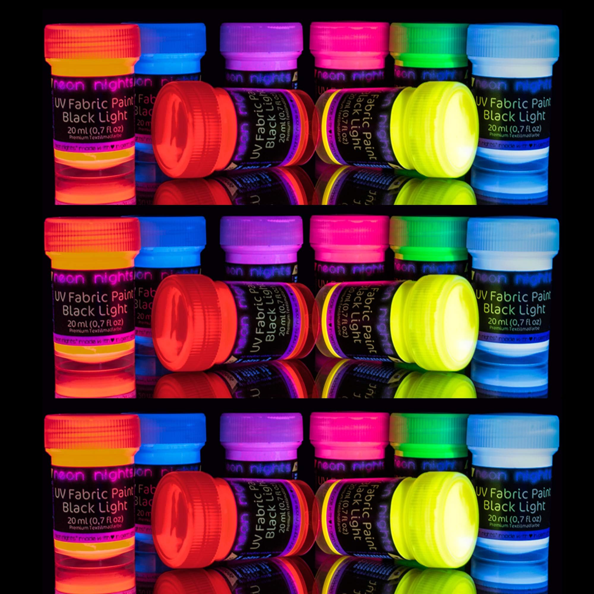 'XXL Set' 24 Cans of Glow Fabric & Textile Paint by neon nights | UV Black Light Fluorescent Ultraviolet